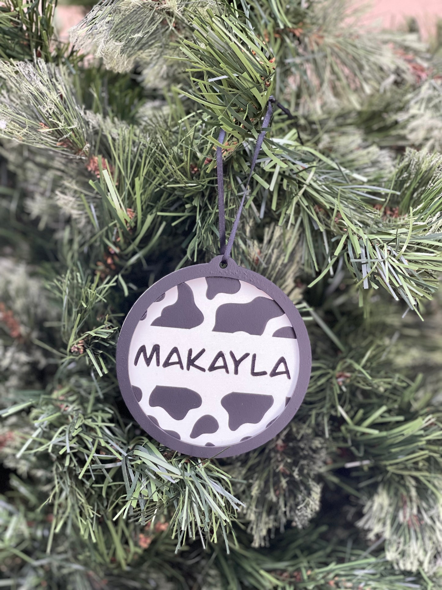 Personalized Cow Print or Cheetah Print Christmas Ornament | Wood Engraved & Hand Painted