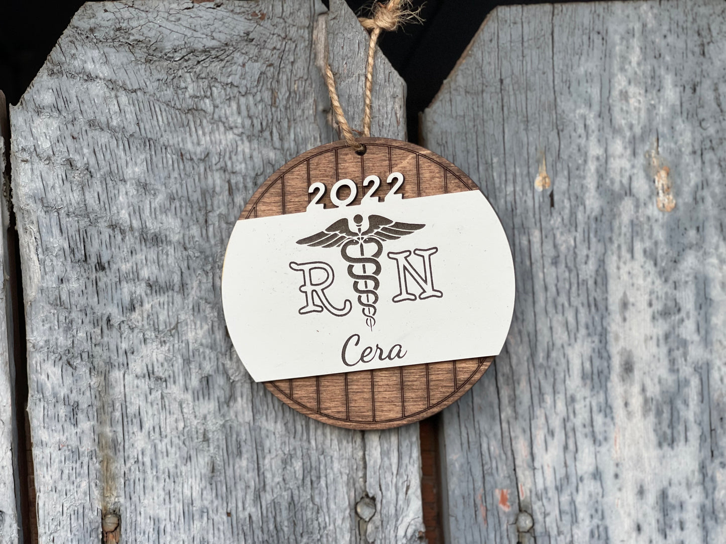 Personalized RN Christmas Ornament with Caduceus Medical Symbol | Custom Engraved Wood Nurse Ornament