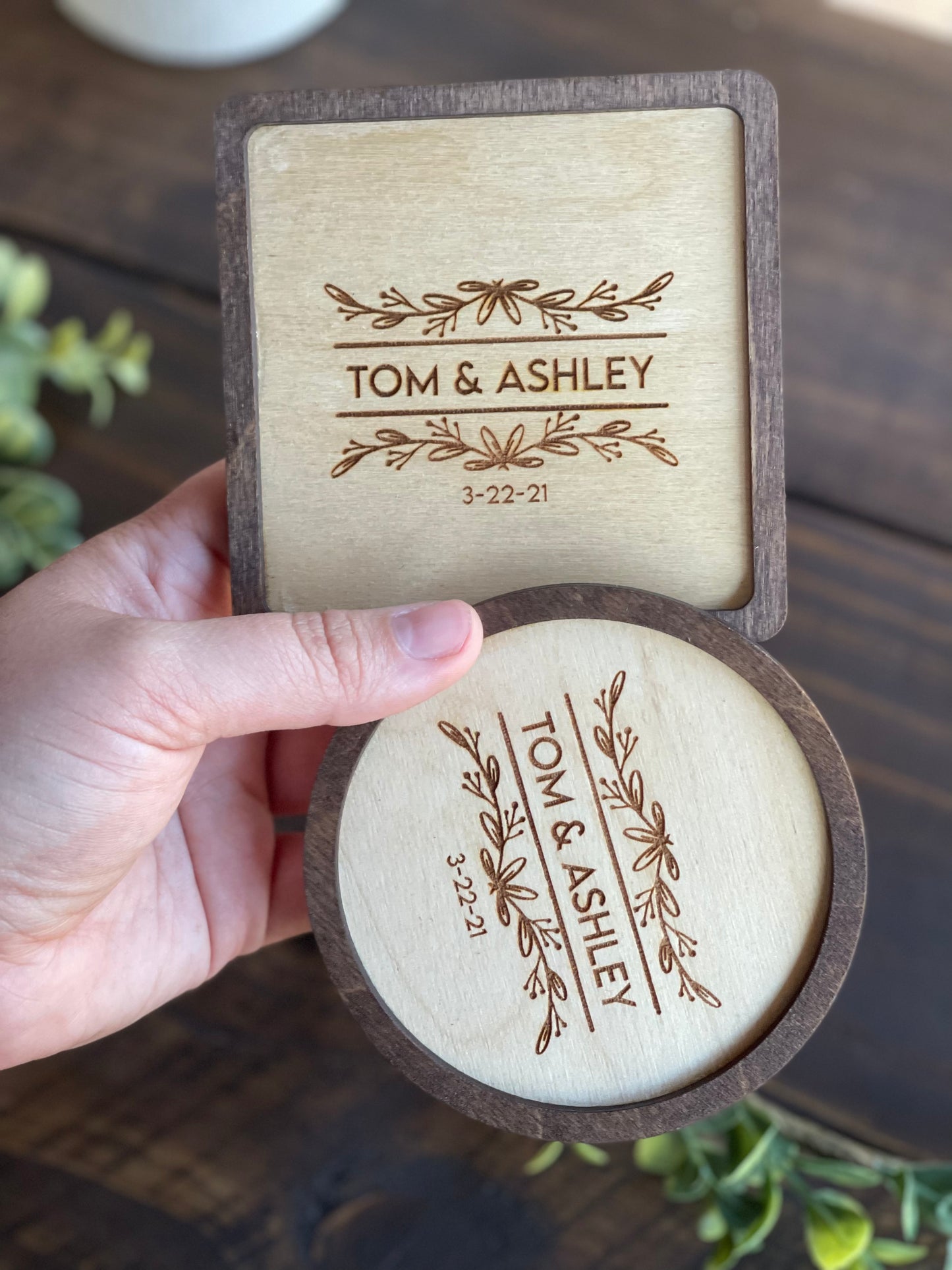 Personalized Wedding Coasters | Custom Wood Engraved Square or Round | Boho Rustic Floral Design Favors & Housewarming Gifts