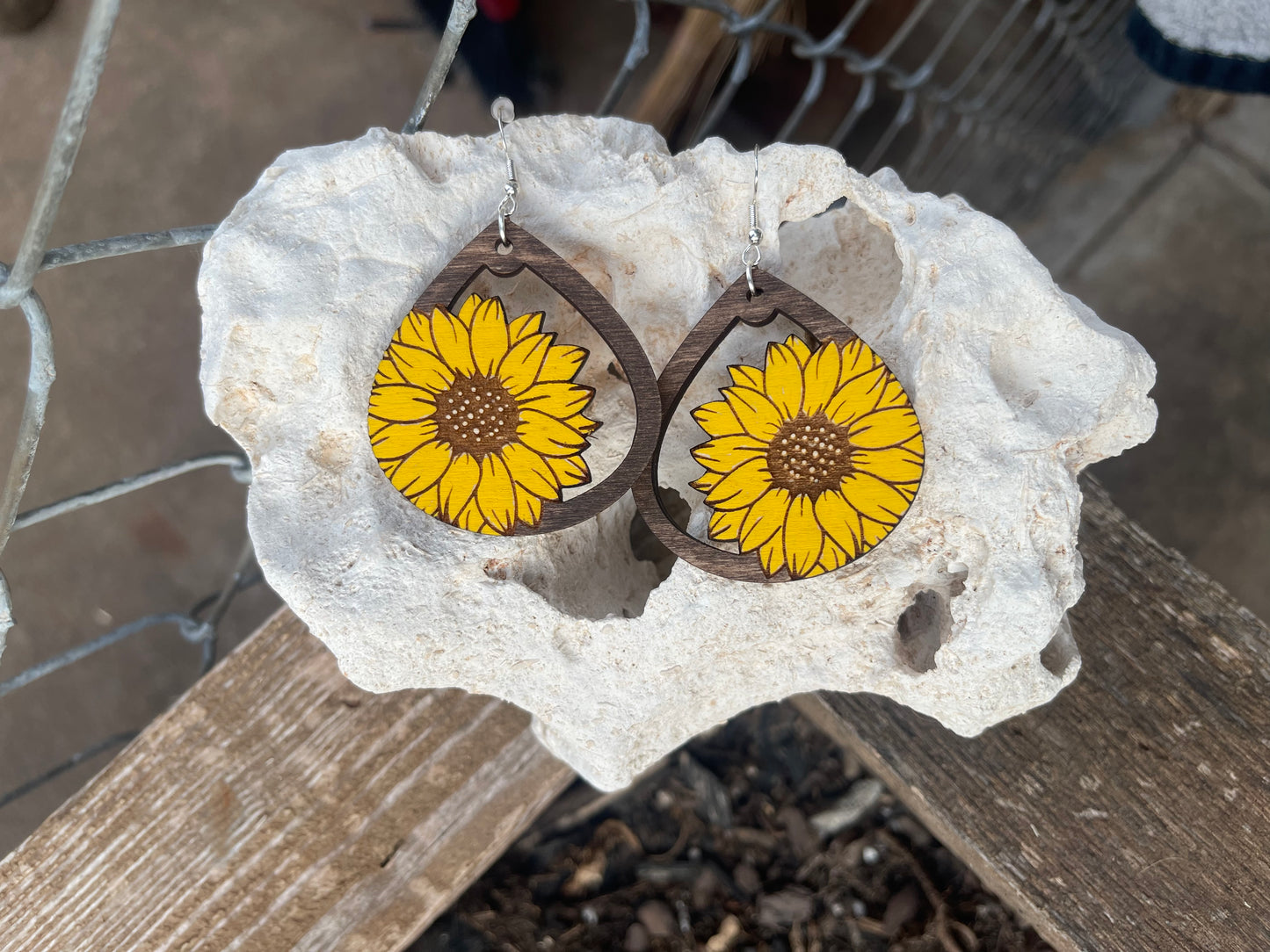 Cute Sunflower Teardrop Dangle Earrings | Wood Engraved & Hand-Painted | Perfect Gift for Sunflower Lovers