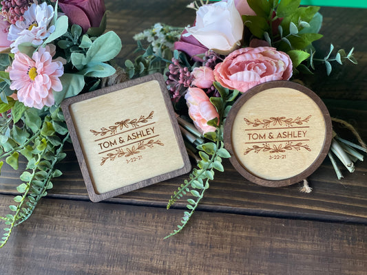 Personalized Wedding Coasters | Custom Wood Engraved Square or Round | Boho Rustic Floral Design Favors & Housewarming Gifts