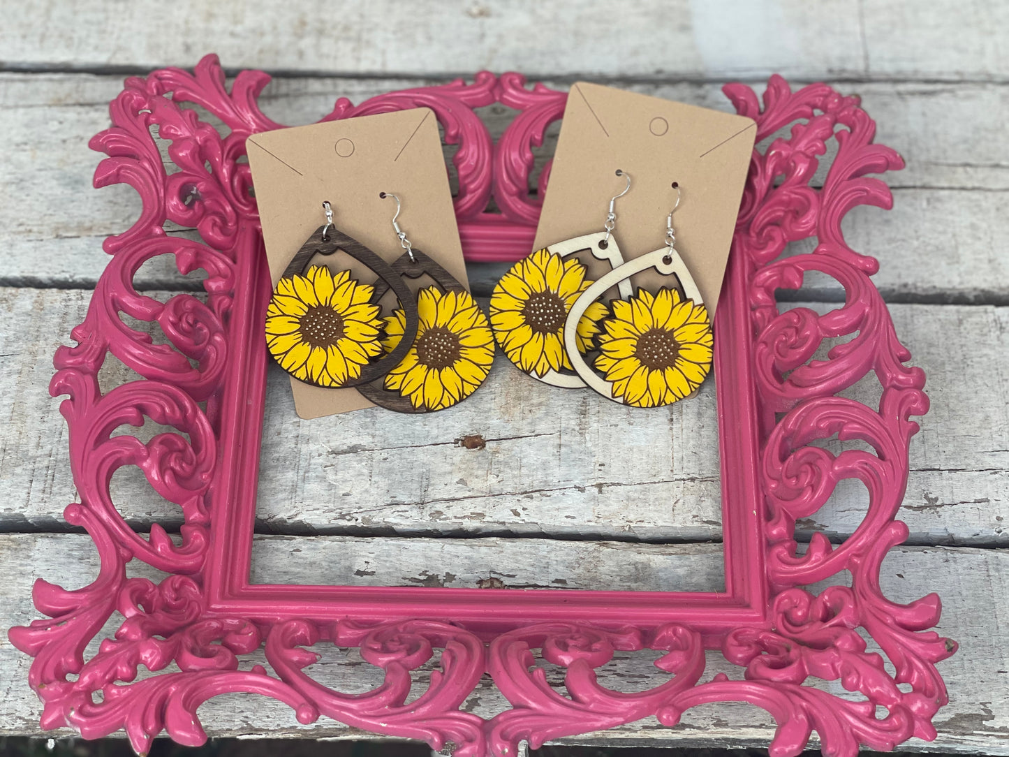 Cute Sunflower Teardrop Dangle Earrings | Wood Engraved & Hand-Painted | Perfect Gift for Sunflower Lovers