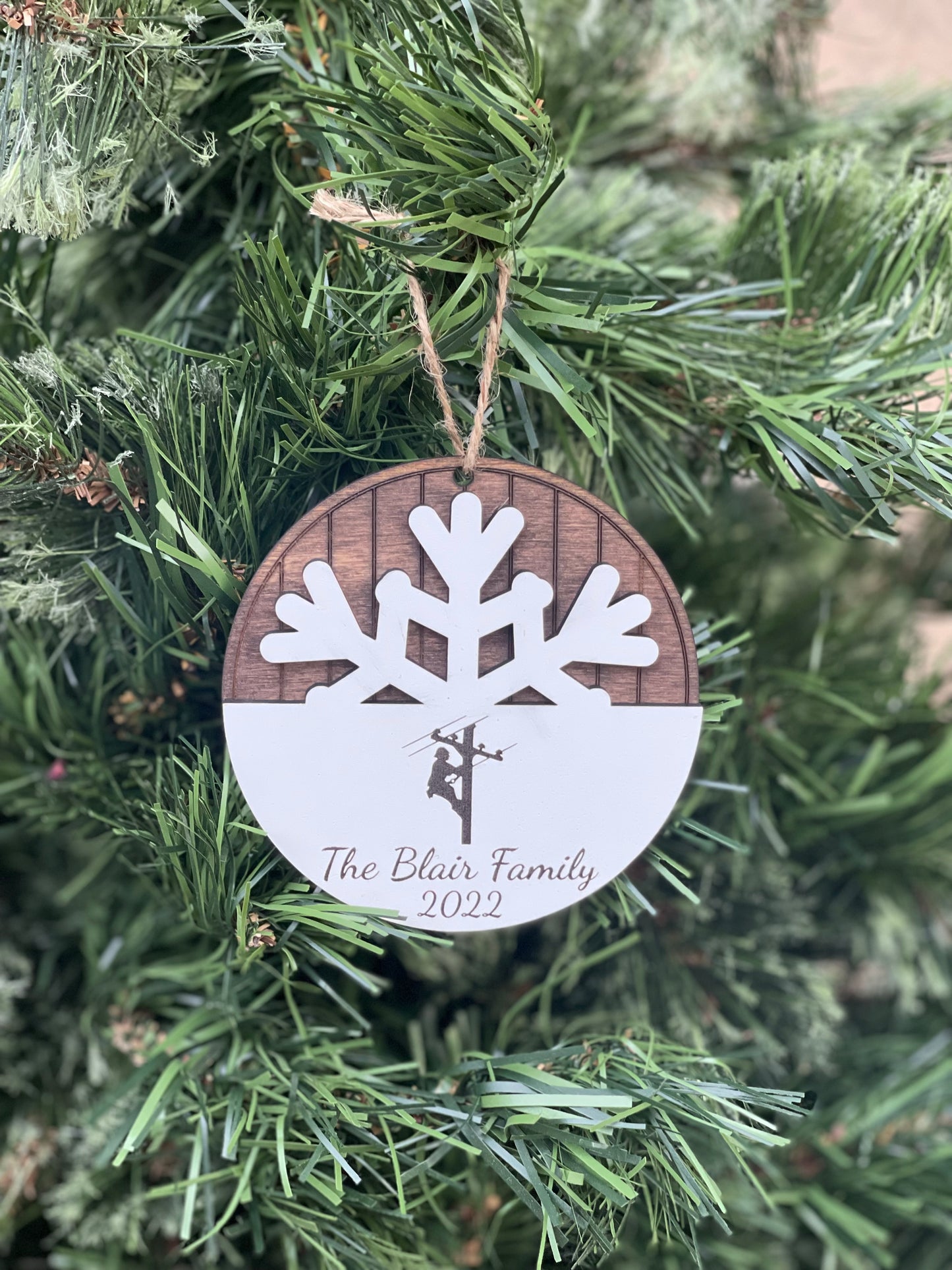 Lineman High Voltage Family Christmas Ornament | Custom Name & Year | Wood Engraved Snowflake Design