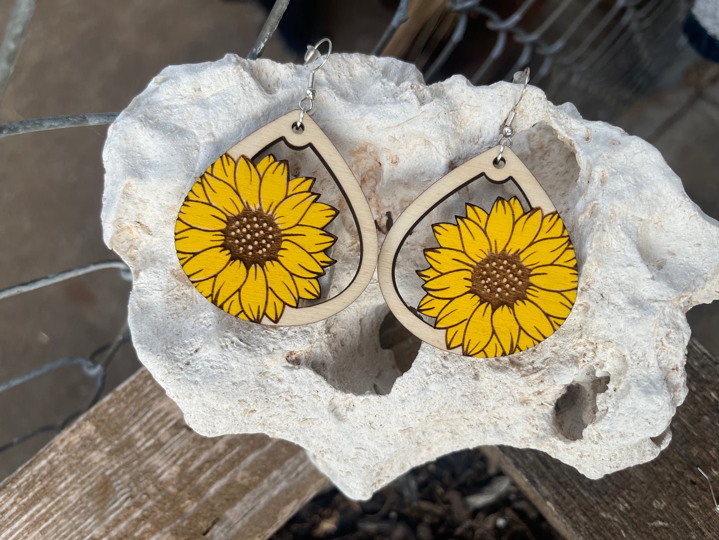 Cute Sunflower Teardrop Dangle Earrings | Wood Engraved & Hand-Painted | Perfect Gift for Sunflower Lovers