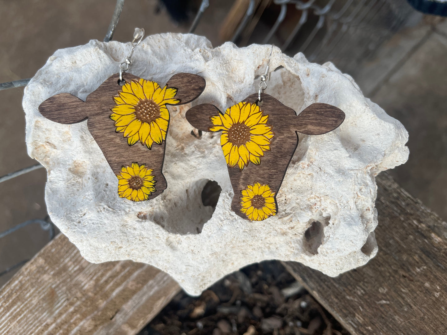 Sunflower Cow Wood Engraved Hanpainted Dangle Earrings