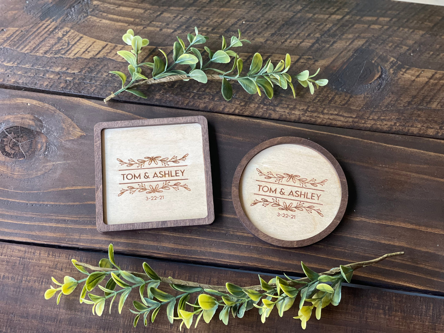 Personalized Wedding Coasters | Custom Wood Engraved Square or Round | Boho Rustic Floral Design Favors & Housewarming Gifts