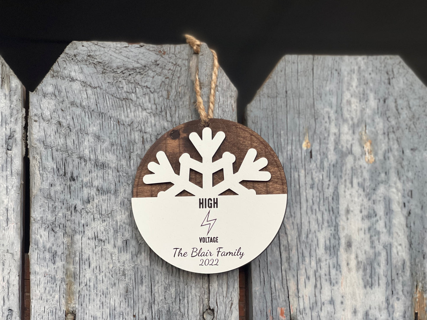 Lineman High Voltage Family Christmas Ornament | Custom Name & Year | Wood Engraved Snowflake Design