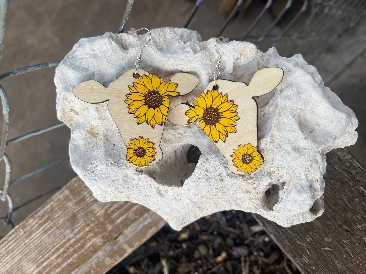 Sunflower Cow Wood Engraved Hanpainted Dangle Earrings