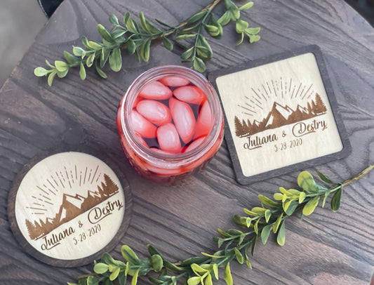 Personalized Mountain Coaster Set | Custom Wood Engraved Wedding Favors or Anniversary Gift