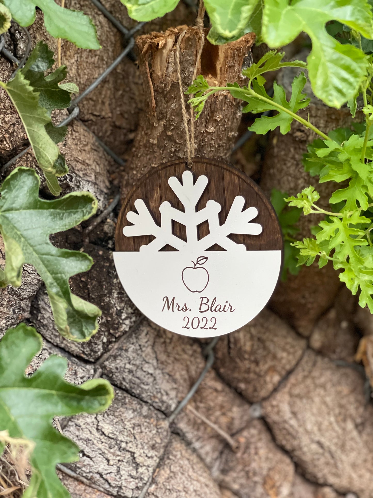 Personalized Teacher Apple Christmas Ornament | Custom Name & Year | Wood Engraved Snowflake Gift for Teachers