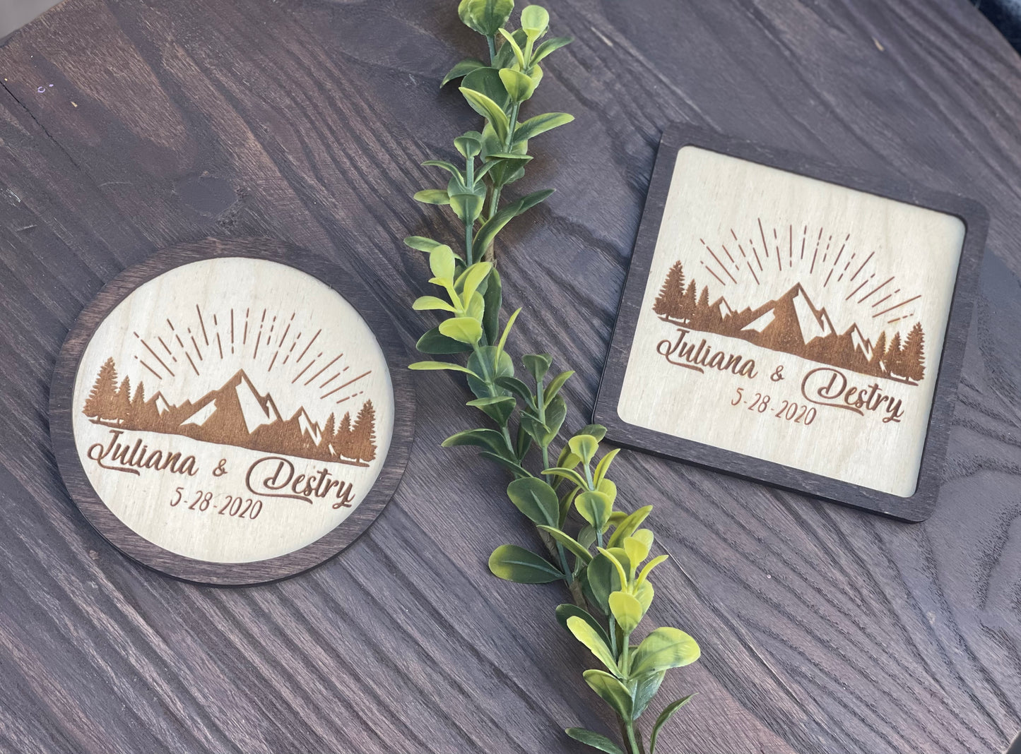 Personalized Mountain Coaster Set | Custom Wood Engraved Wedding Favors or Anniversary Gift