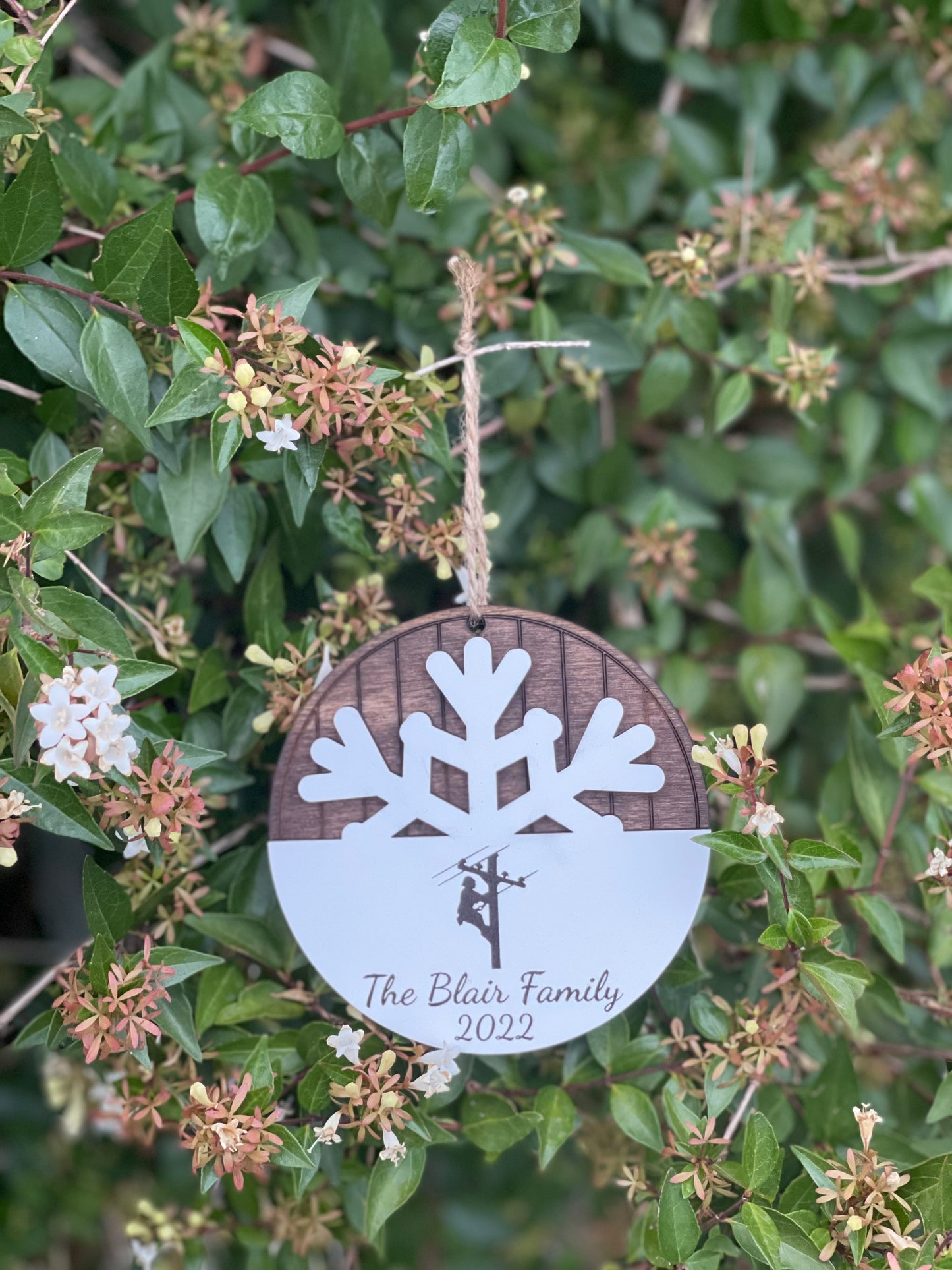 Lineman High Voltage Family Christmas Ornament | Custom Name & Year | Wood Engraved Snowflake Design