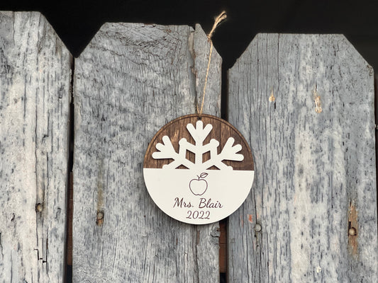 Personalized Teacher Apple Christmas Ornament. Wood engraved snowflake with custom name and year gift for teachers. Okie Original