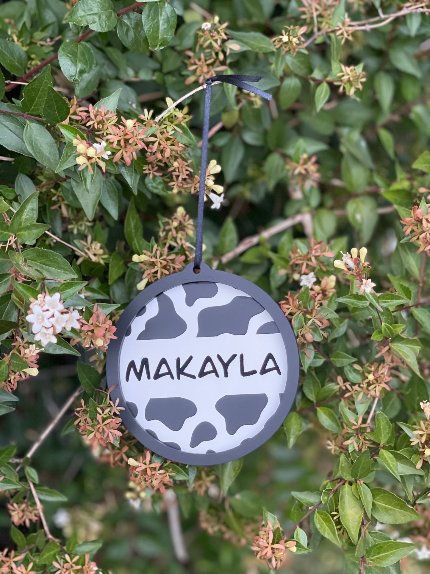 Personalized Cow Print or Cheetah Print Christmas Ornament | Wood Engraved & Hand Painted