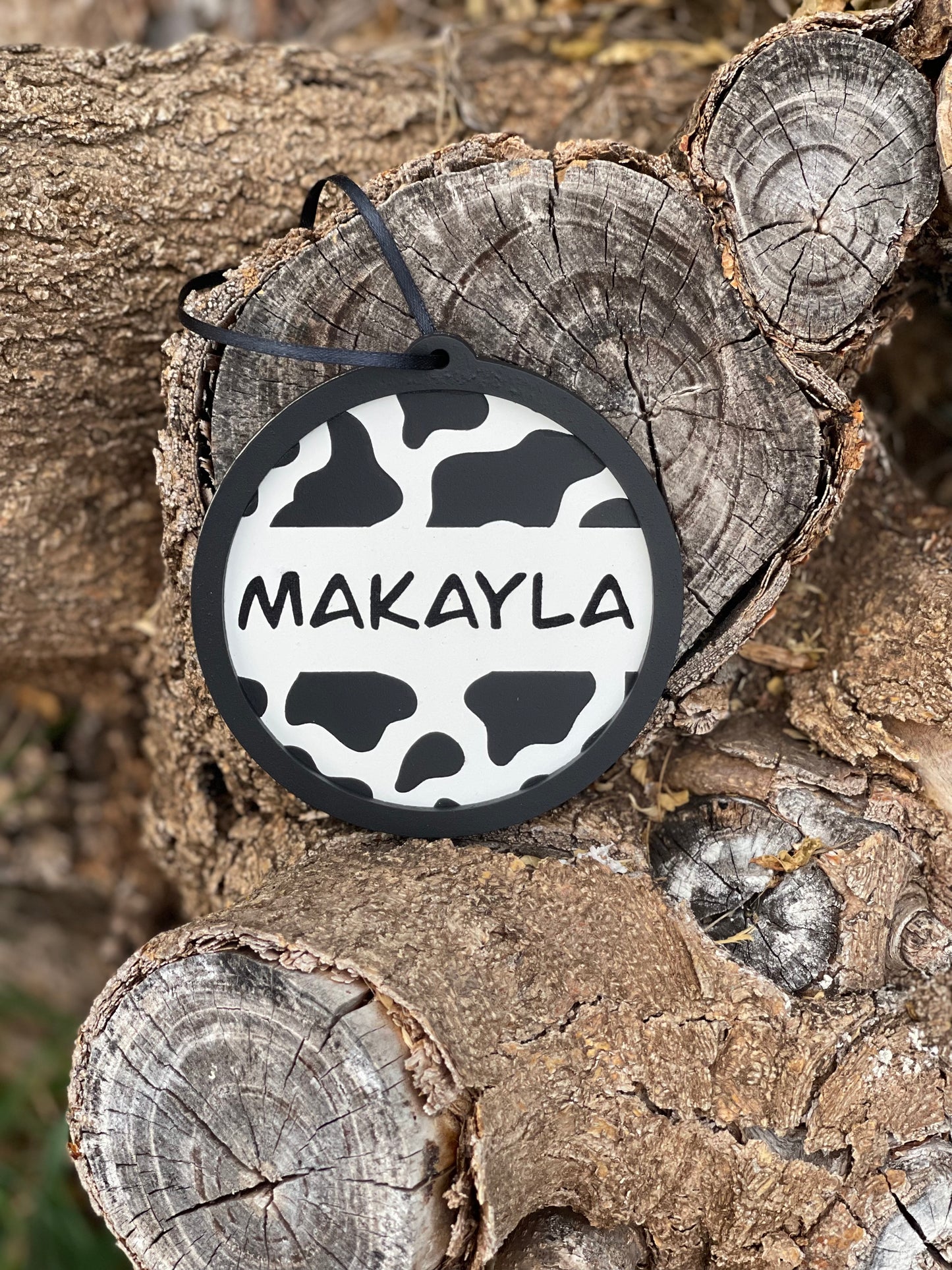 Personalized Cow Print or Cheetah Print Christmas Ornament | Wood Engraved & Hand Painted