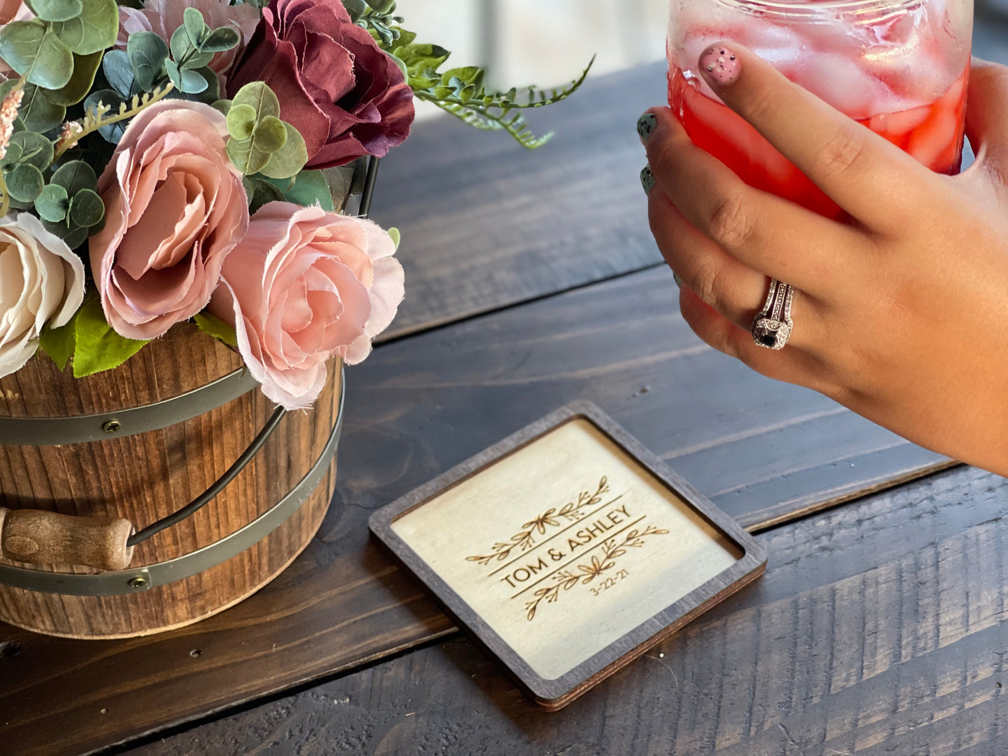 Personalized Wedding Coasters | Custom Wood Engraved Square or Round | Boho Rustic Floral Design Favors & Housewarming Gifts