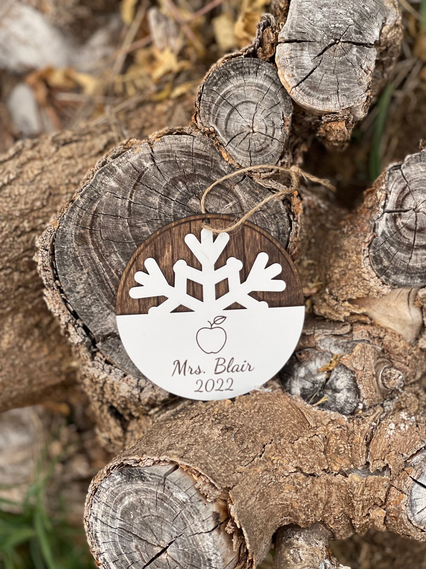 Personalized Teacher Apple Christmas Ornament | Custom Name & Year | Wood Engraved Snowflake Gift for Teachers