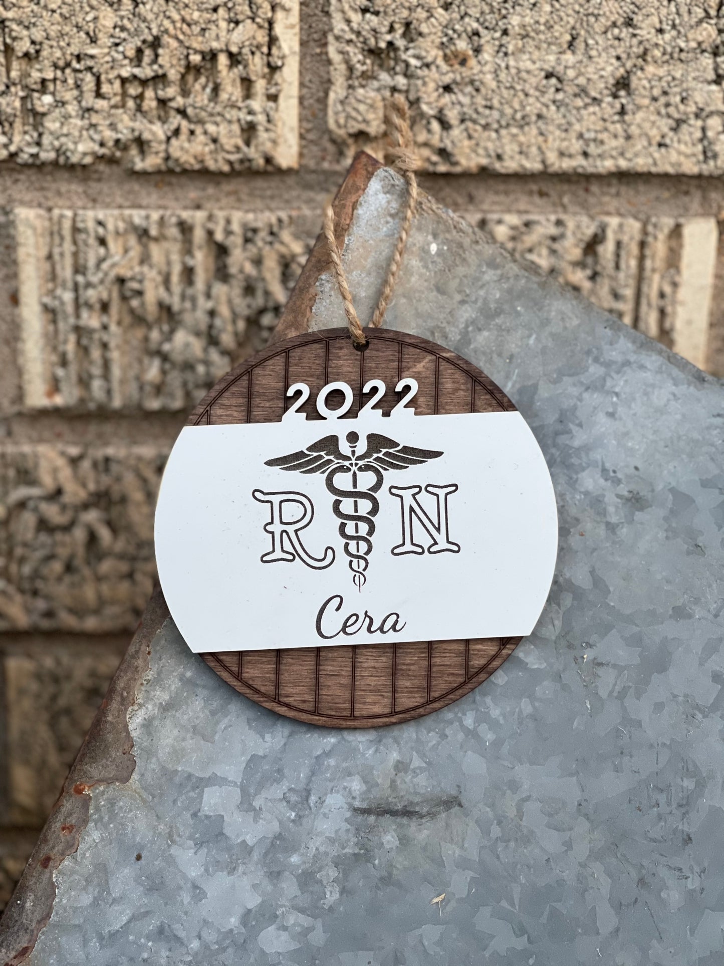 Personalized RN Christmas Ornament with Caduceus Medical Symbol | Custom Engraved Wood Nurse Ornament