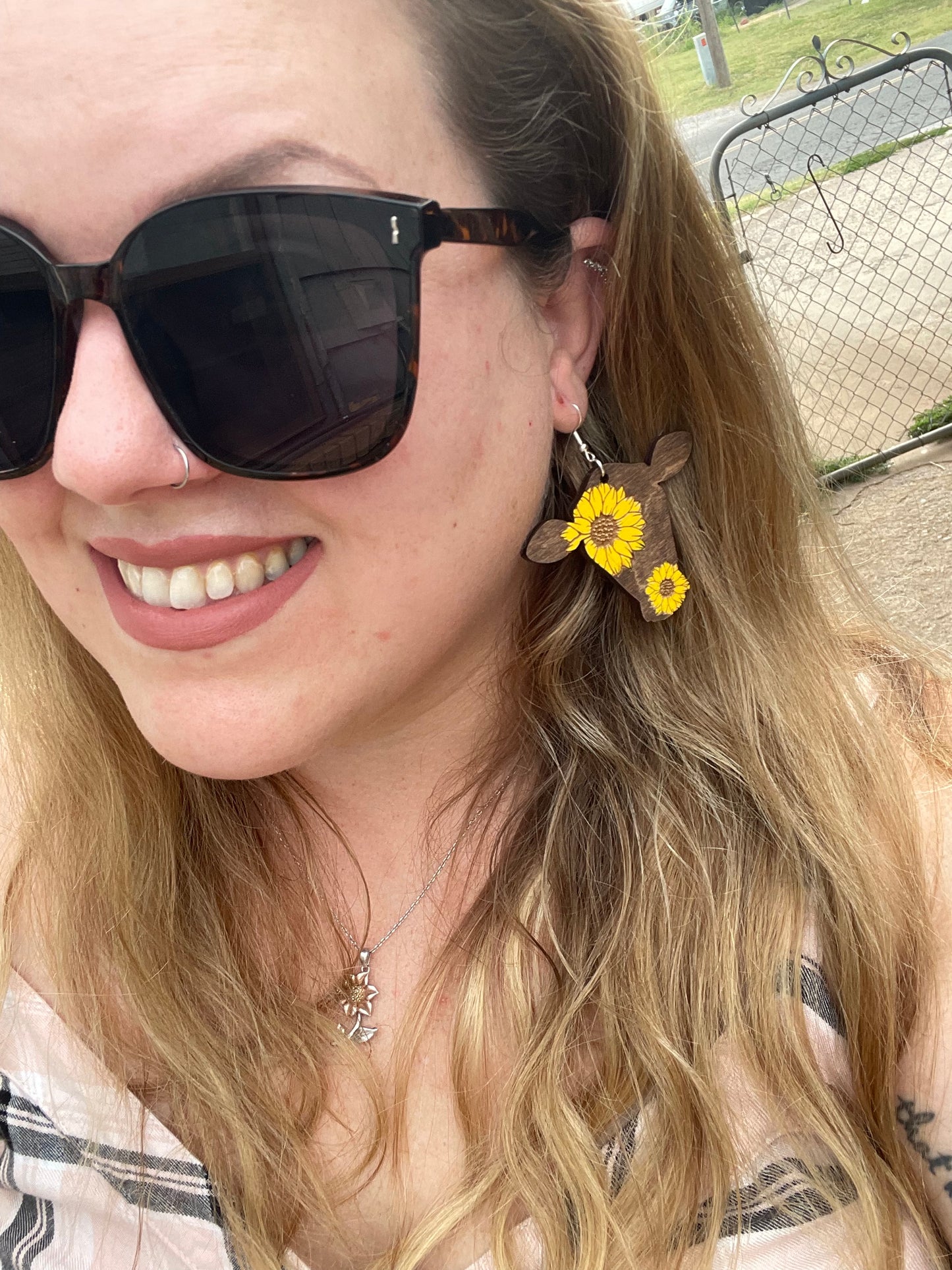 Sunflower Cow Wood Engraved Hanpainted Dangle Earrings