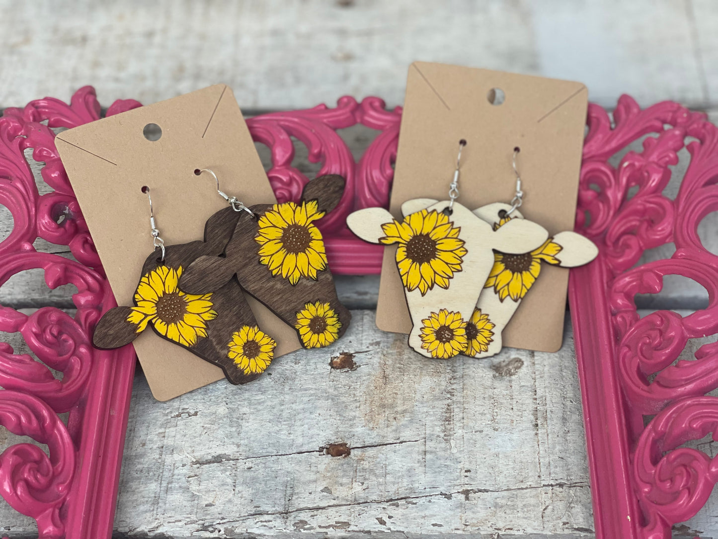 Sunflower Cow Wood Engraved Hanpainted Dangle Earrings