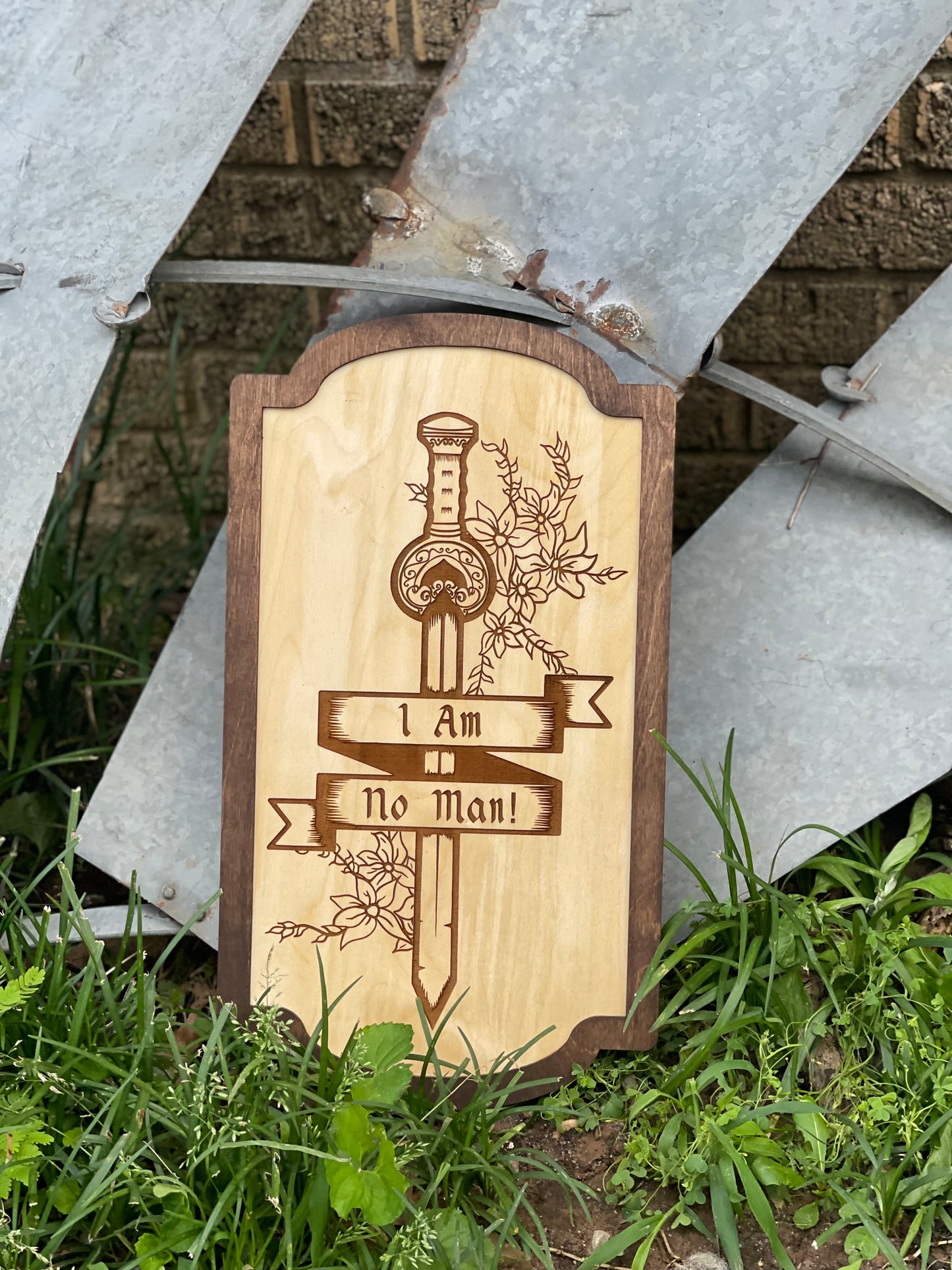 I Am No Man Sword Wood Engraved Sign – Empowerment Decor | Female Warrior Gift | Fantasy Ring & Shire Sign