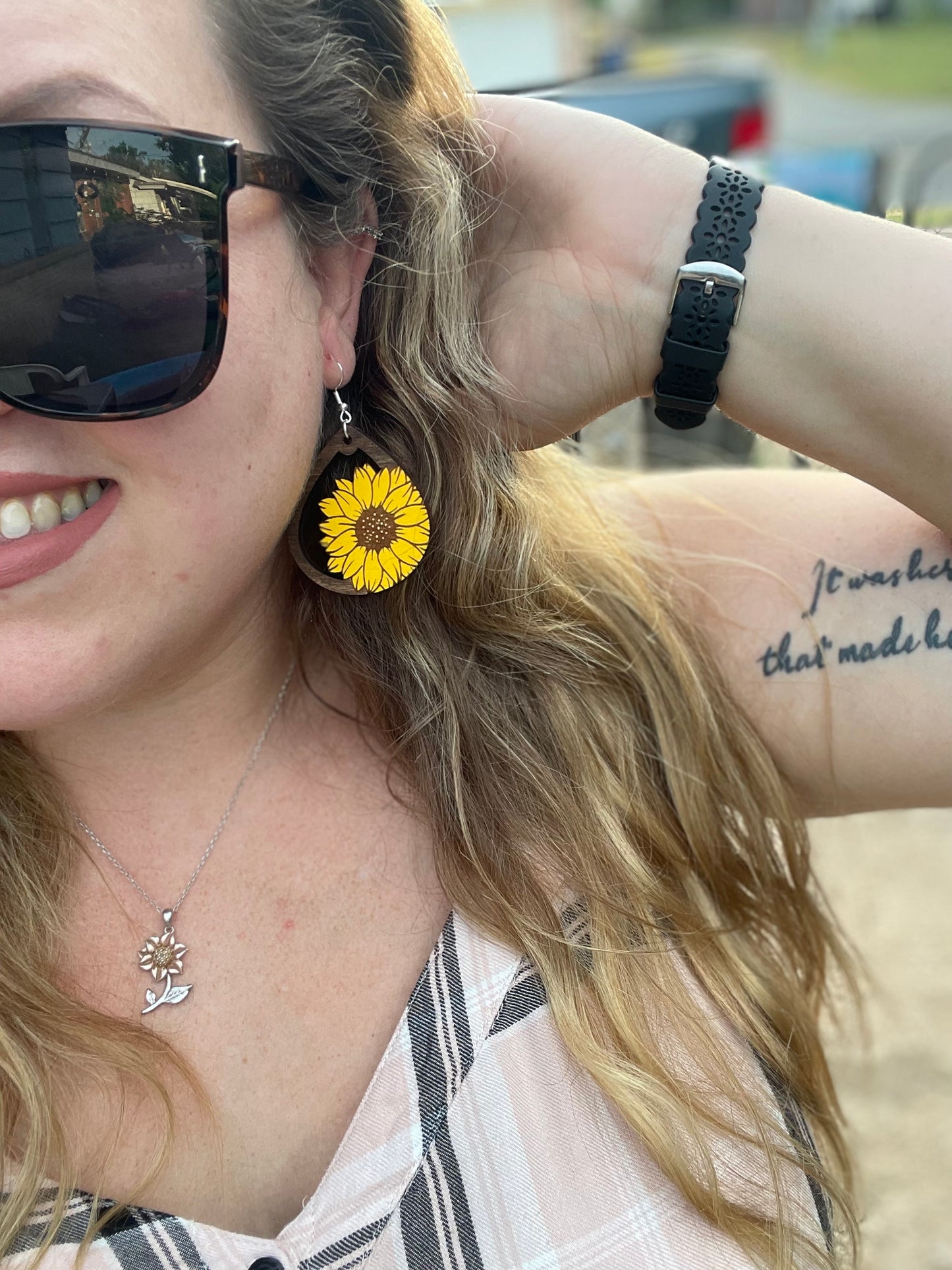 Cute Sunflower Teardrop Dangle Earrings | Wood Engraved & Hand-Painted | Perfect Gift for Sunflower Lovers