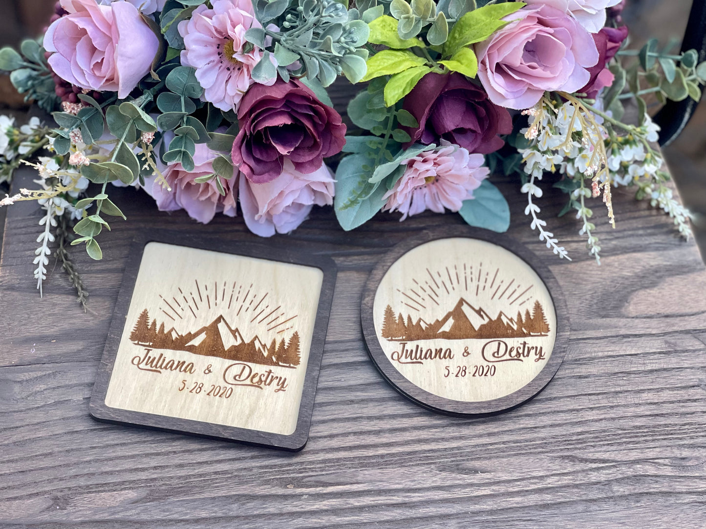 Personalized Mountain Coaster Set | Custom Wood Engraved Wedding Favors or Anniversary Gift