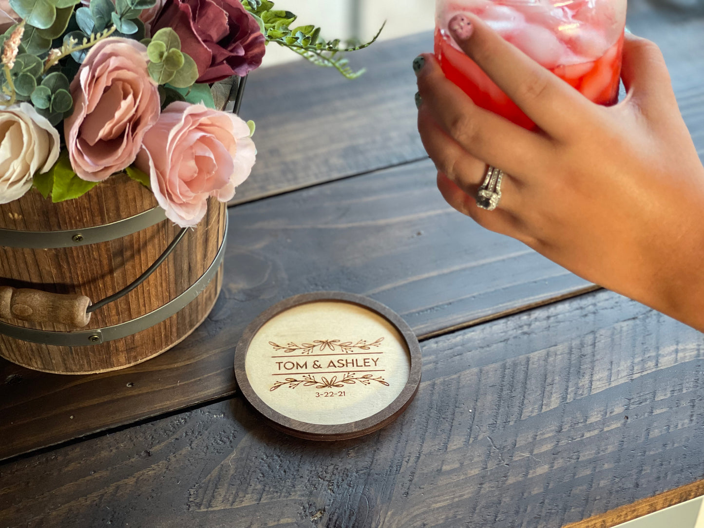 Personalized Wedding Coasters | Custom Wood Engraved Square or Round | Boho Rustic Floral Design Favors & Housewarming Gifts