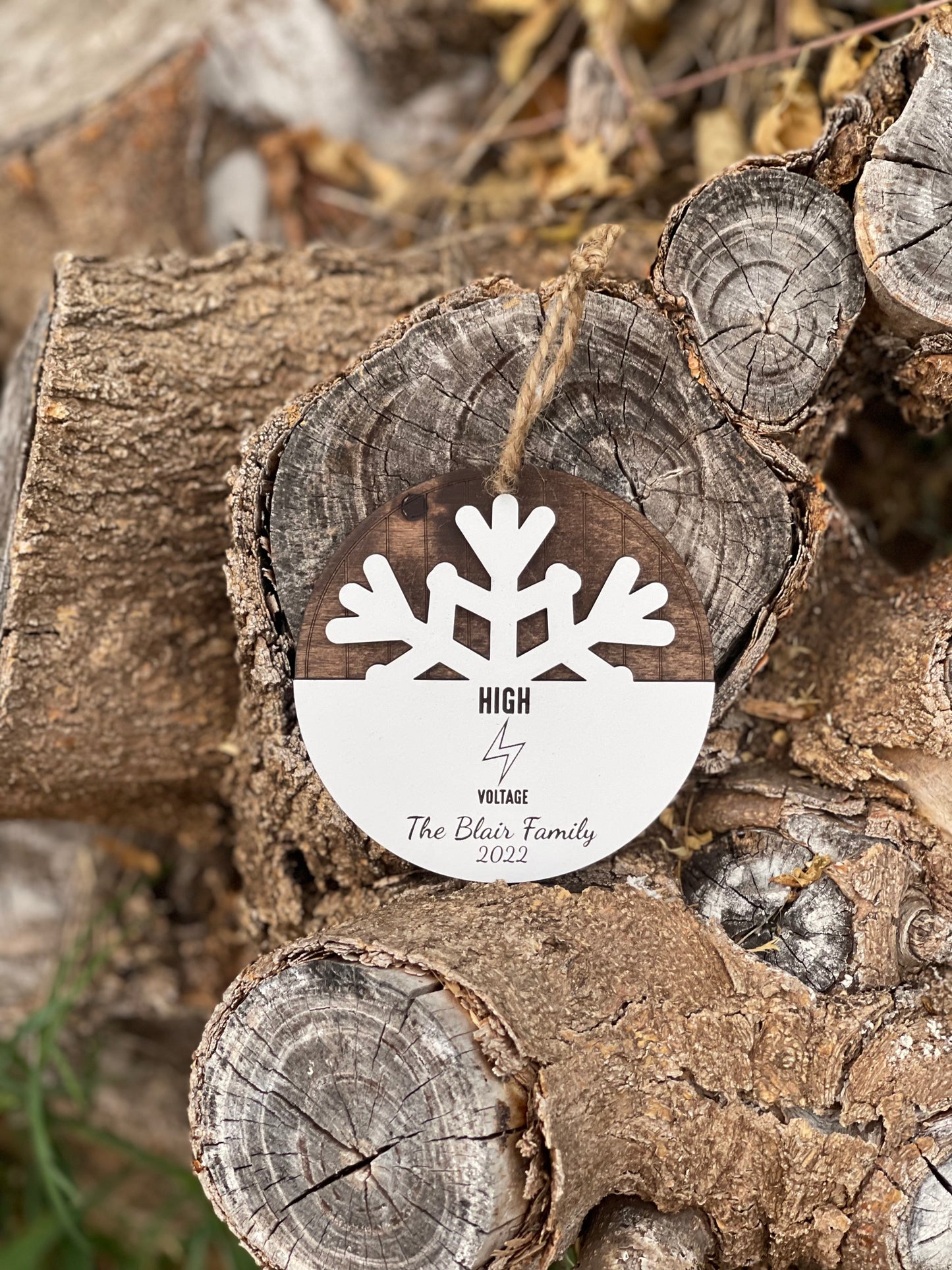 Lineman High Voltage Family Christmas Ornament | Custom Name & Year | Wood Engraved Snowflake Design