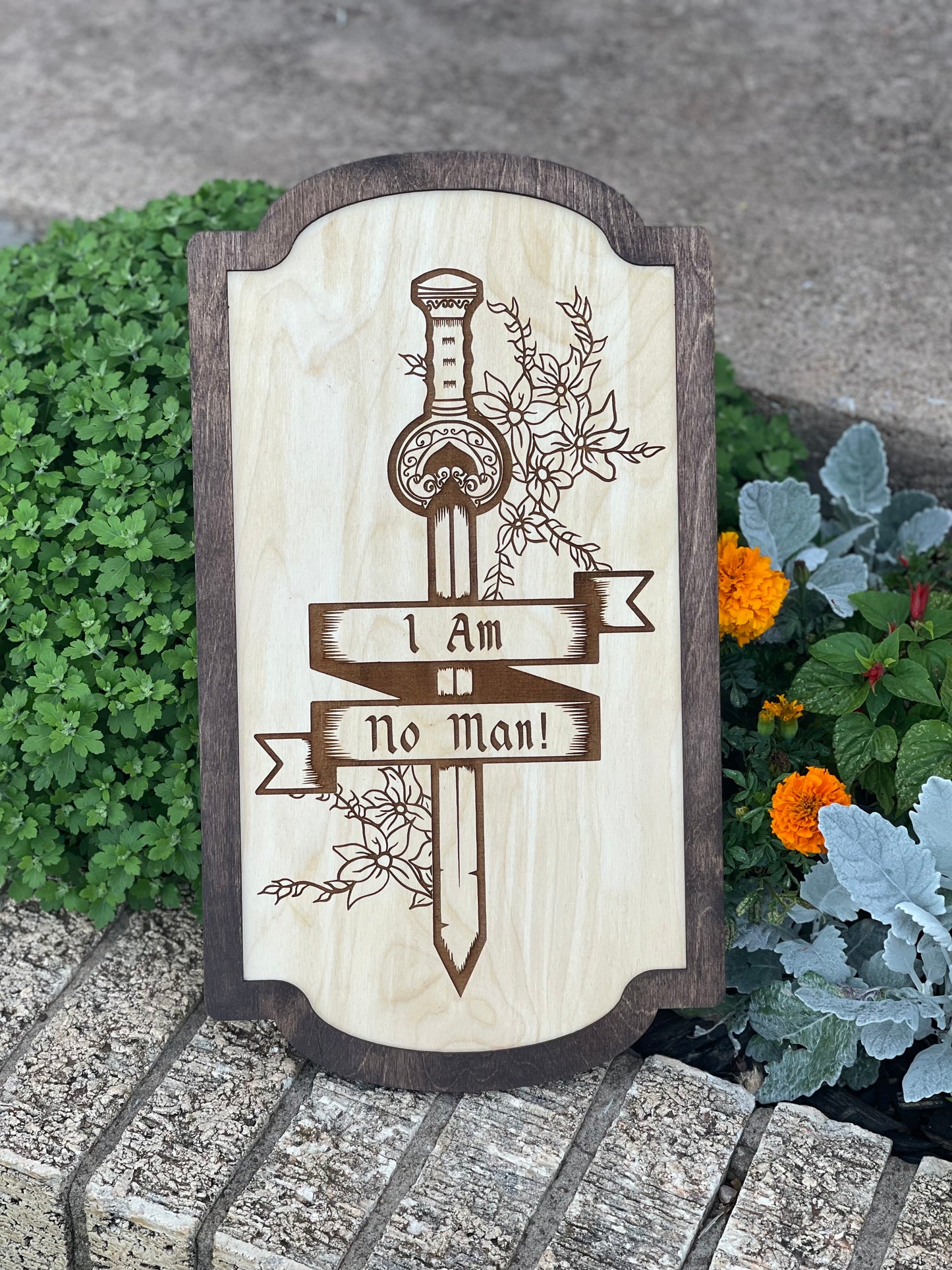 I Am No Man Sword Wood Engraved Sign – Empowerment Decor | Female Warrior Gift | Fantasy Ring & Shire Sign