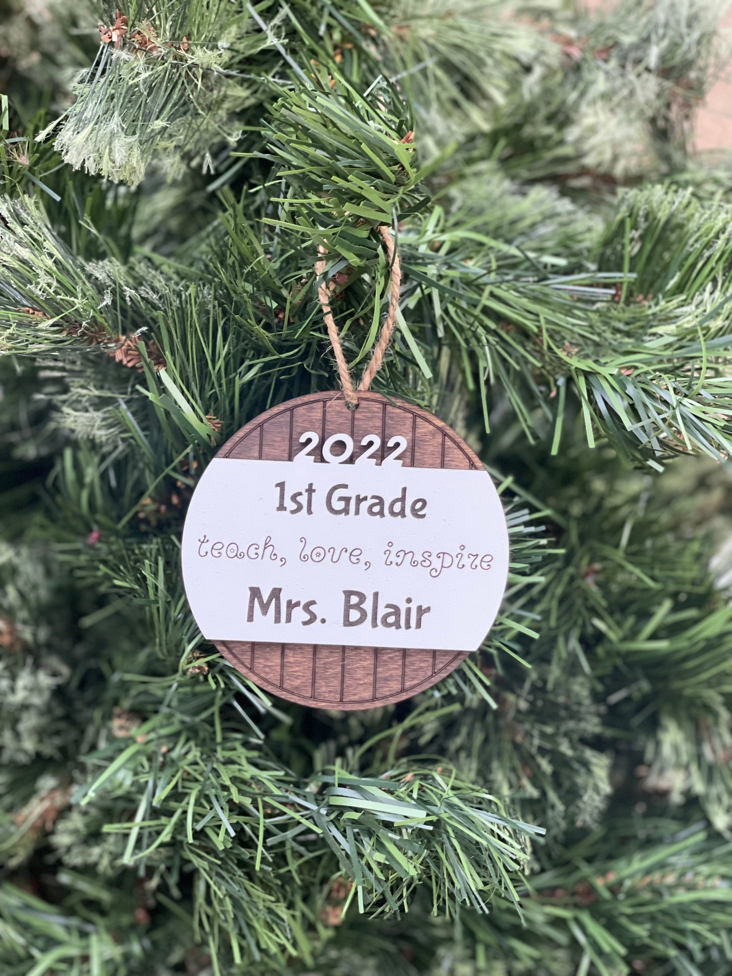 Personalized Teacher Christmas Ornament | Custom Name & Grade Level | Teach, Love, Inspire Engraved Wood Ornament Gift