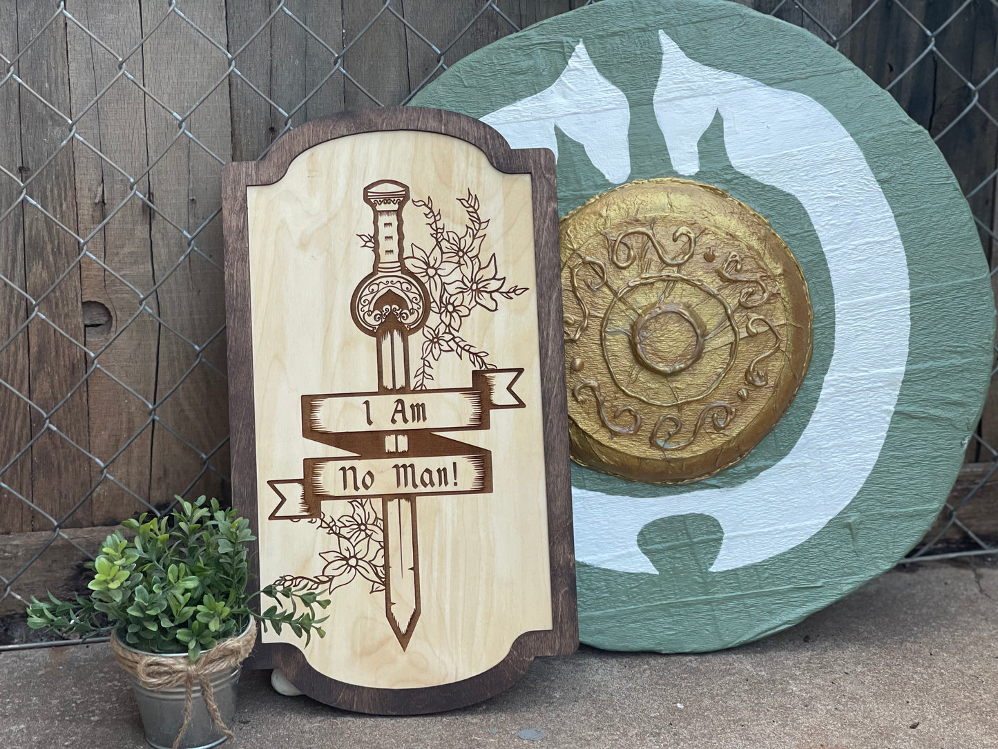 I Am No Man Sword Wood Engraved Sign – Empowerment Decor | Female Warrior Gift | Fantasy Ring & Shire Sign