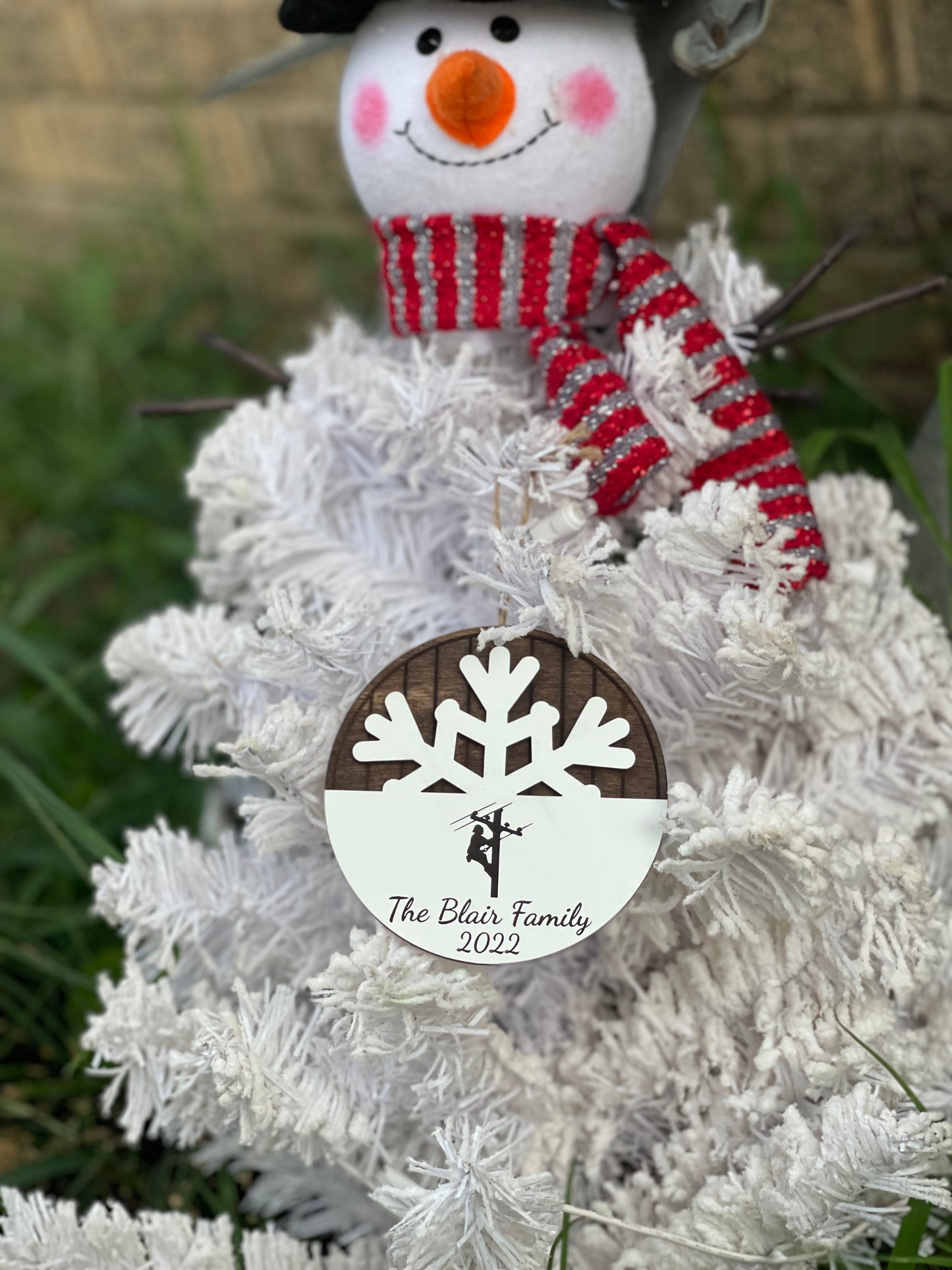 Lineman High Voltage Family Christmas Ornament | Custom Name & Year | Wood Engraved Snowflake Design