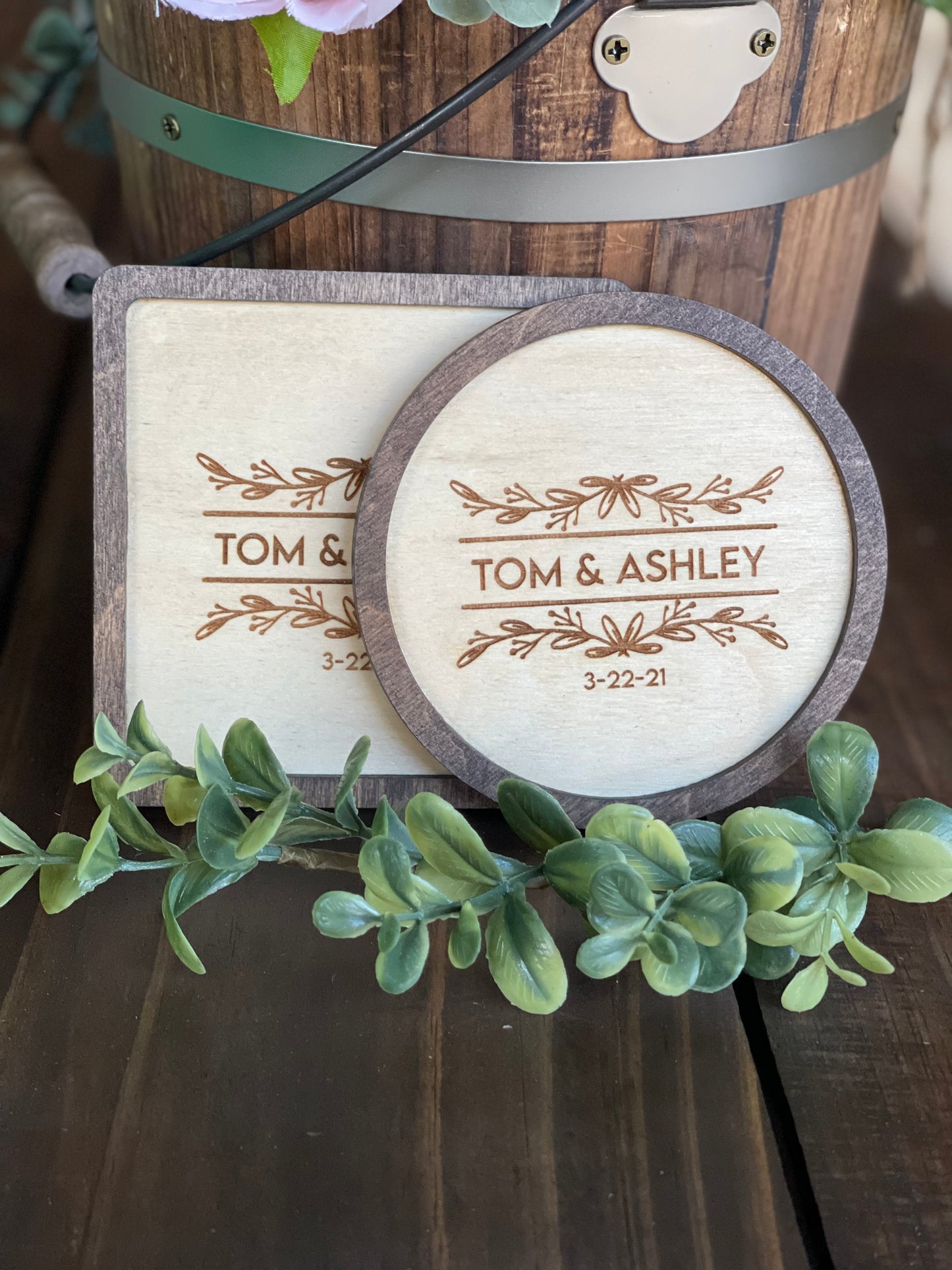 Personalized Wedding Coasters | Custom Wood Engraved Square or Round | Boho Rustic Floral Design Favors & Housewarming Gifts