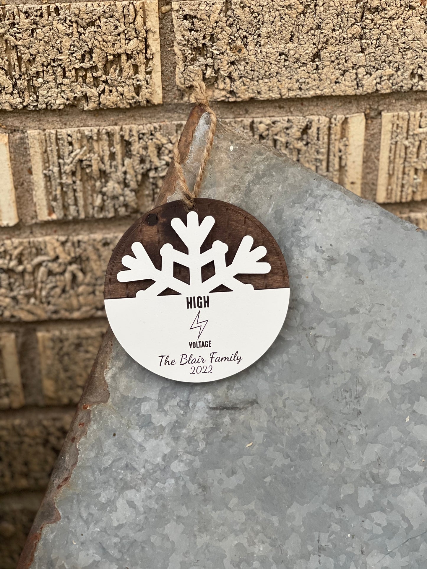 Lineman High Voltage Family Christmas Ornament | Custom Name & Year | Wood Engraved Snowflake Design