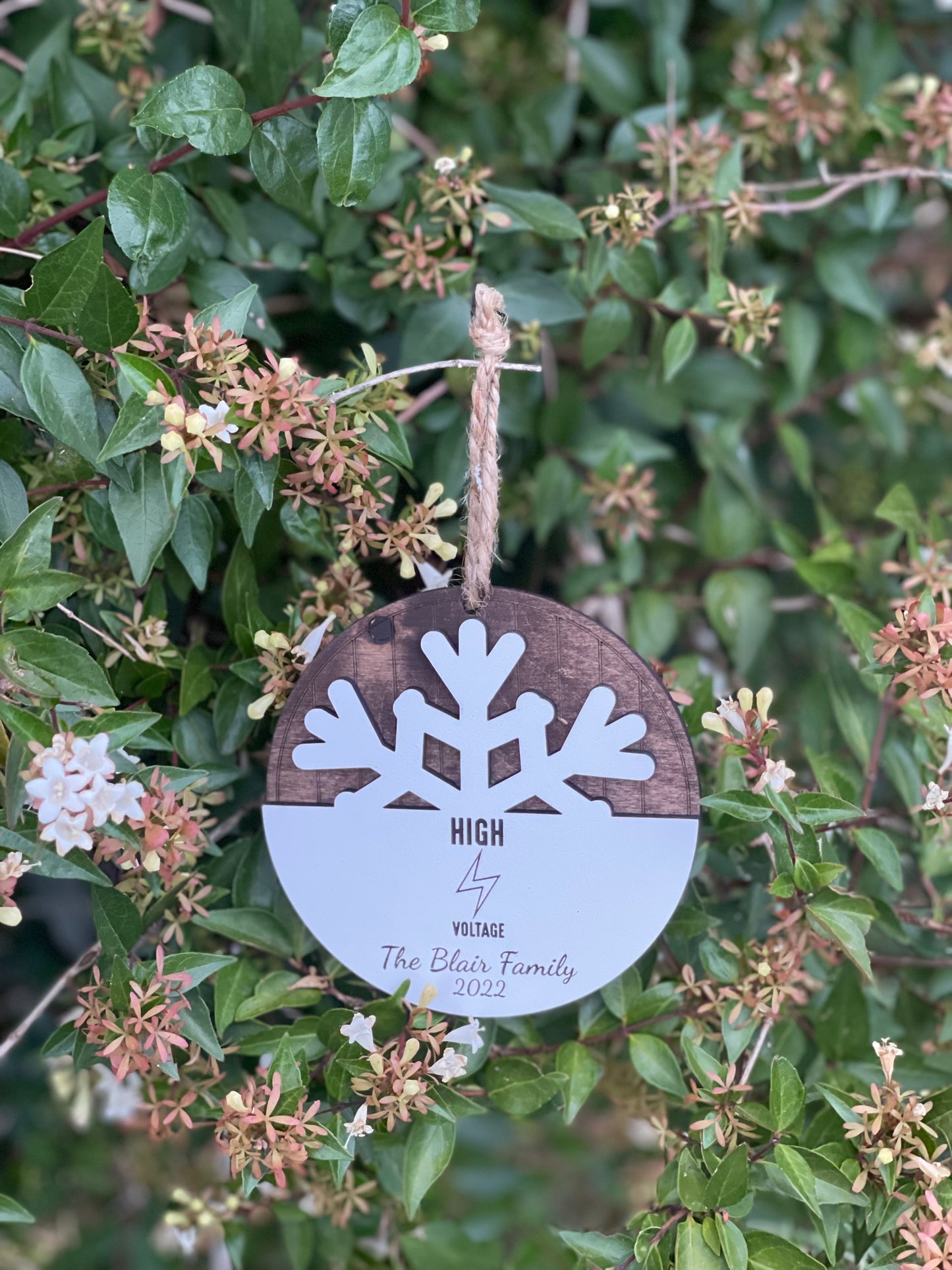 Lineman High Voltage Family Christmas Ornament | Custom Name & Year | Wood Engraved Snowflake Design