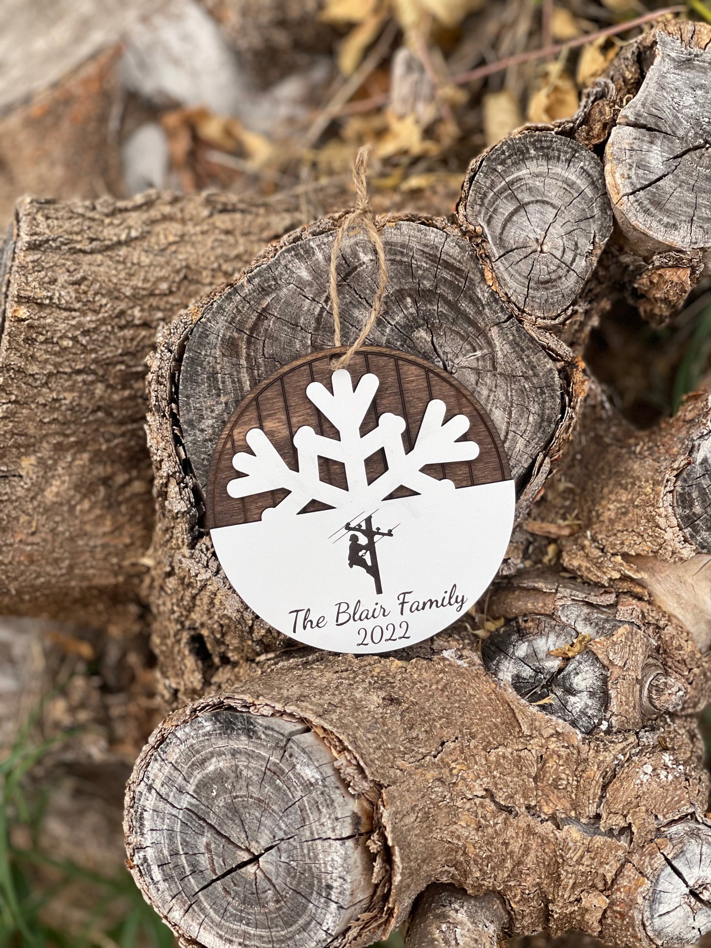 Lineman High Voltage Family Christmas Ornament | Custom Name & Year | Wood Engraved Snowflake Design