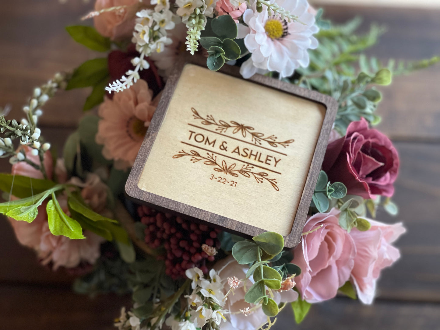 Personalized Wedding Coasters | Custom Wood Engraved Square or Round | Boho Rustic Floral Design Favors & Housewarming Gifts