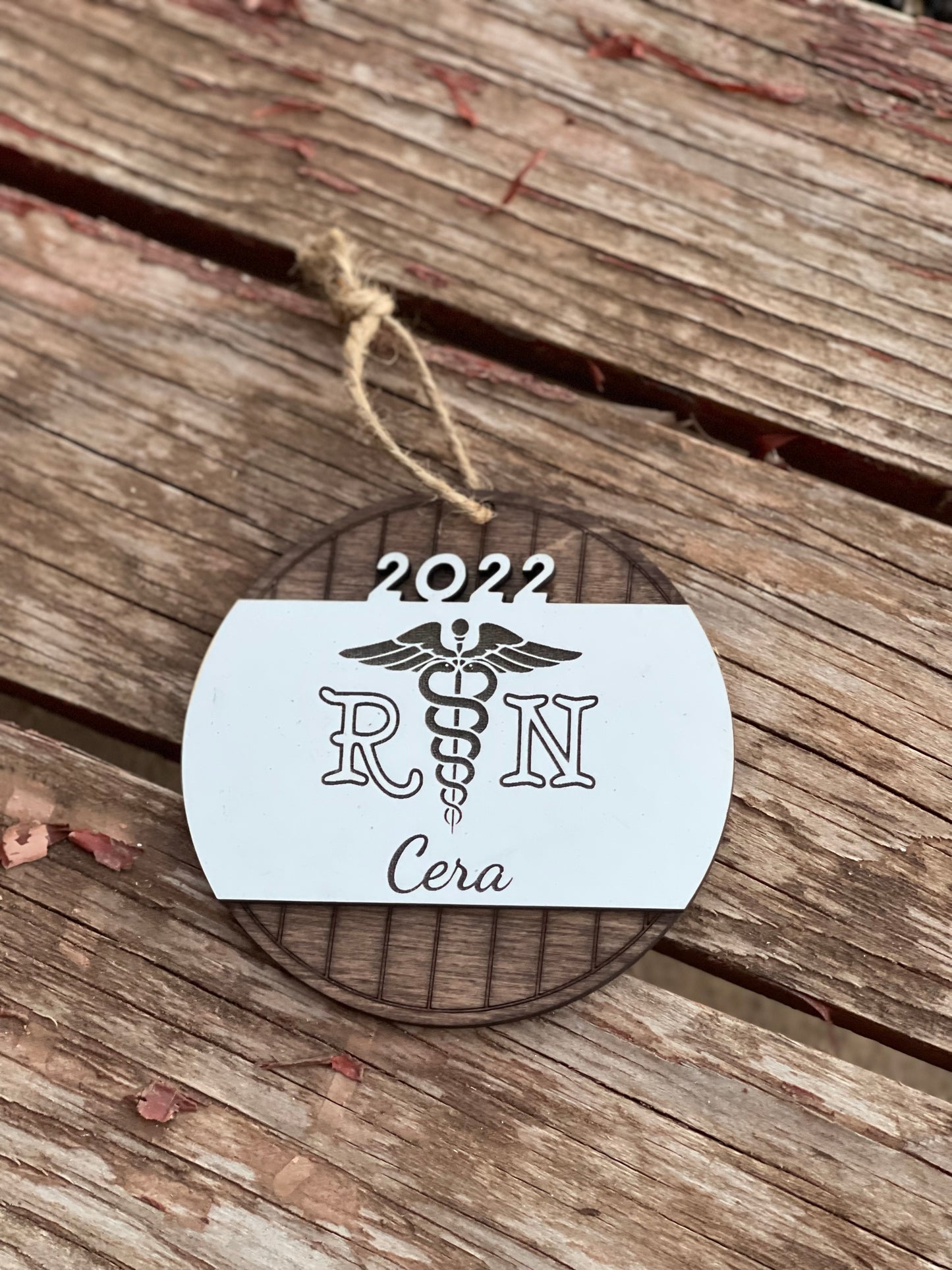 Personalized RN Christmas Ornament with Caduceus Medical Symbol | Custom Engraved Wood Nurse Ornament