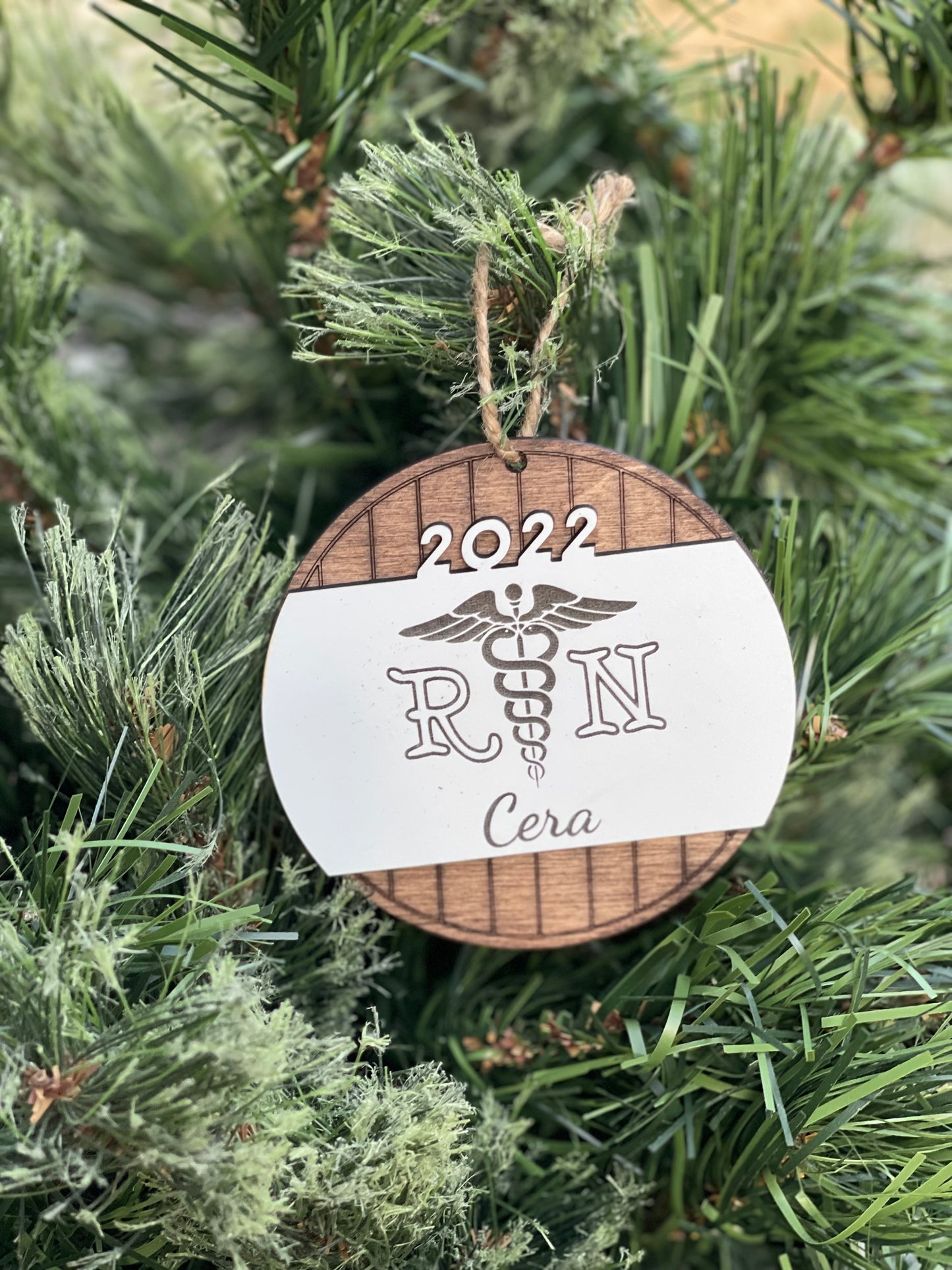 Personalized RN Christmas Ornament with Caduceus Medical Symbol | Custom Engraved Wood Nurse Ornament