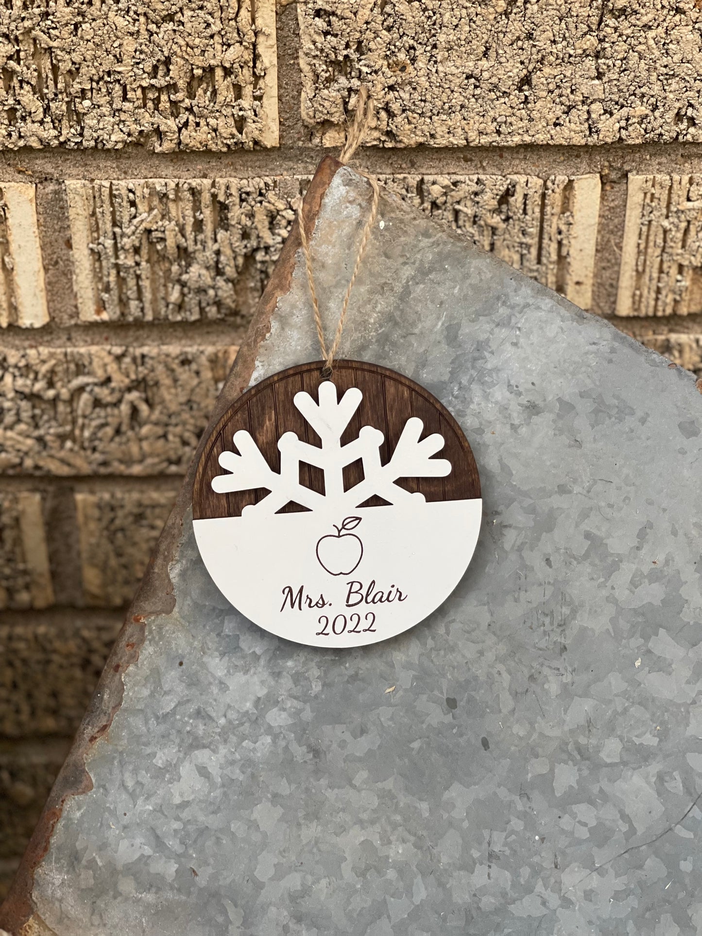 Personalized Teacher Apple Christmas Ornament | Custom Name & Year | Wood Engraved Snowflake Gift for Teachers