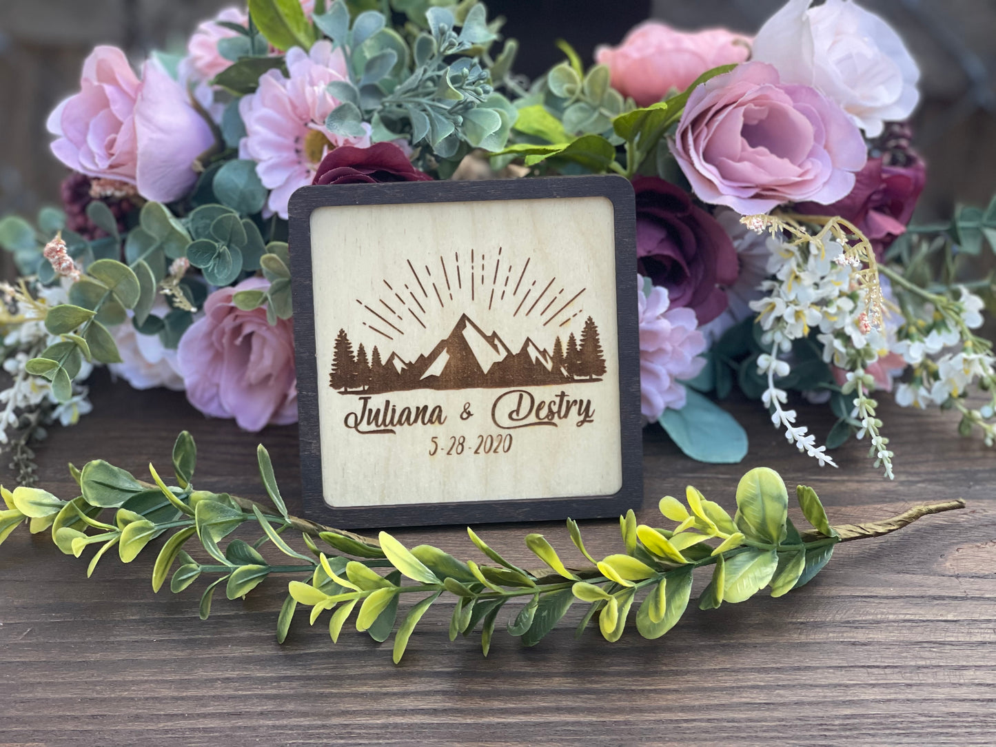 Personalized Mountain Coaster Set | Custom Wood Engraved Wedding Favors or Anniversary Gift