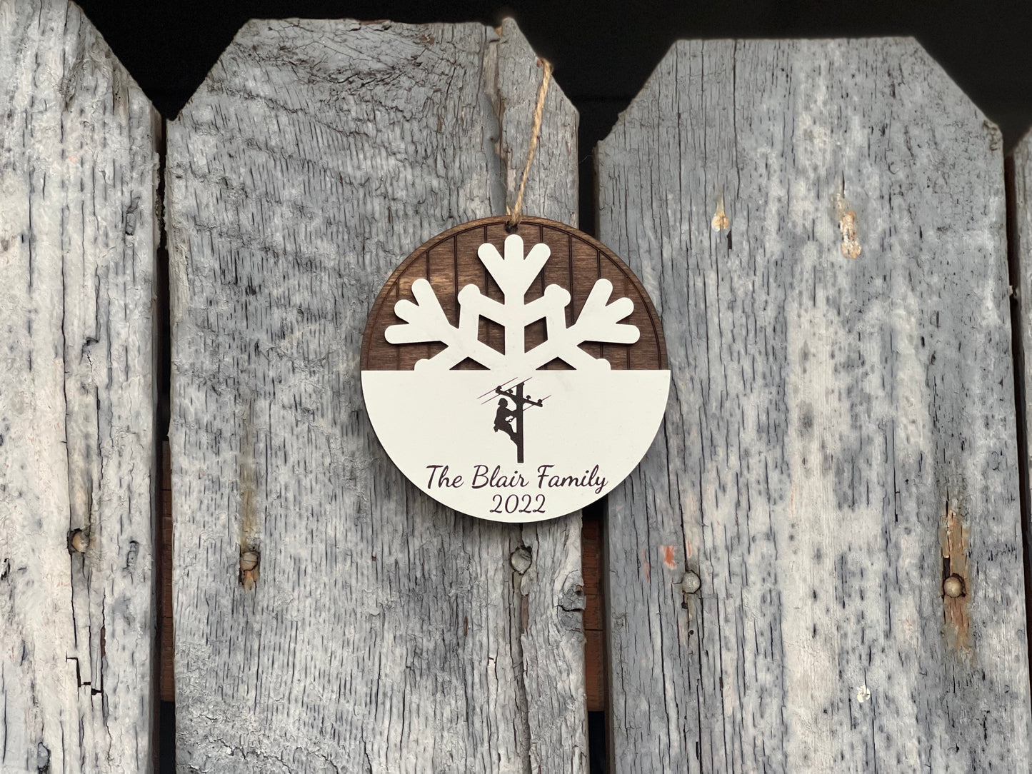 Lineman High Voltage Family Christmas Ornament | Custom Name & Year | Wood Engraved Snowflake Design