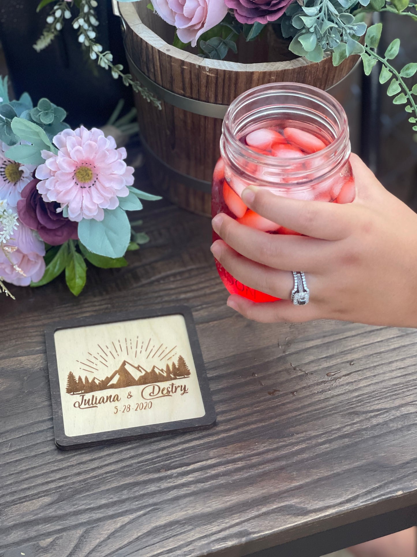 Personalized Mountain Coaster Set | Custom Wood Engraved Wedding Favors or Anniversary Gift