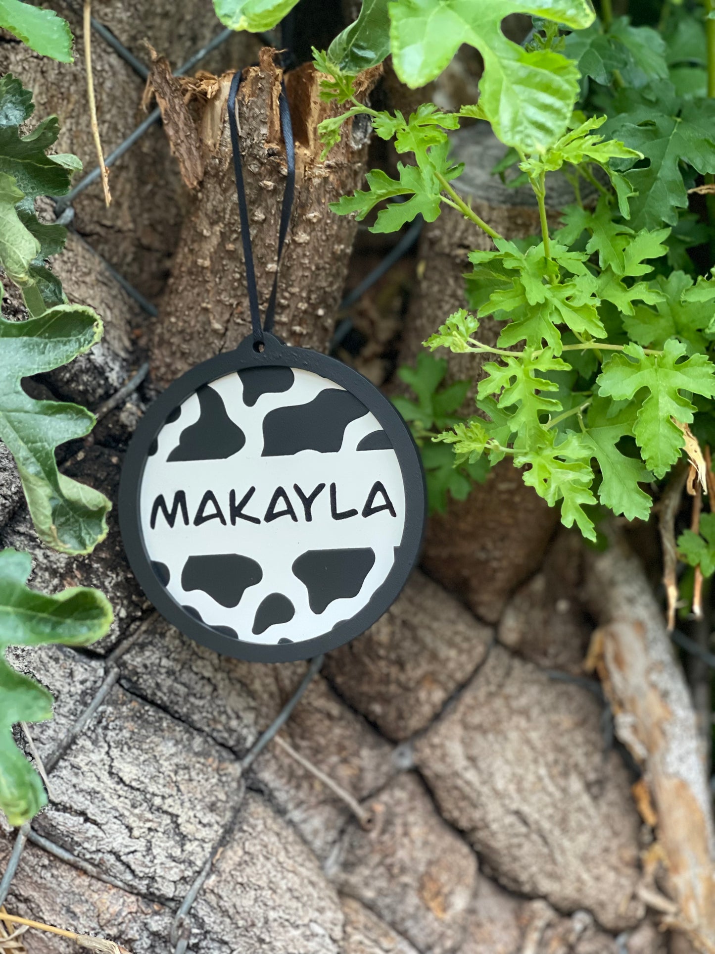 Personalized Cow Print or Cheetah Print Christmas Ornament | Wood Engraved & Hand Painted