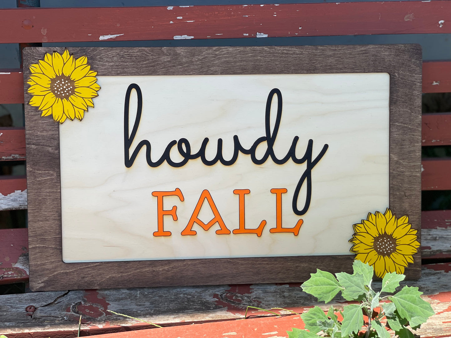 Howdy Fall Sunflower Wall Hanging – Hand-Painted Wood Engraved Sign for Wreath or Prop Decor