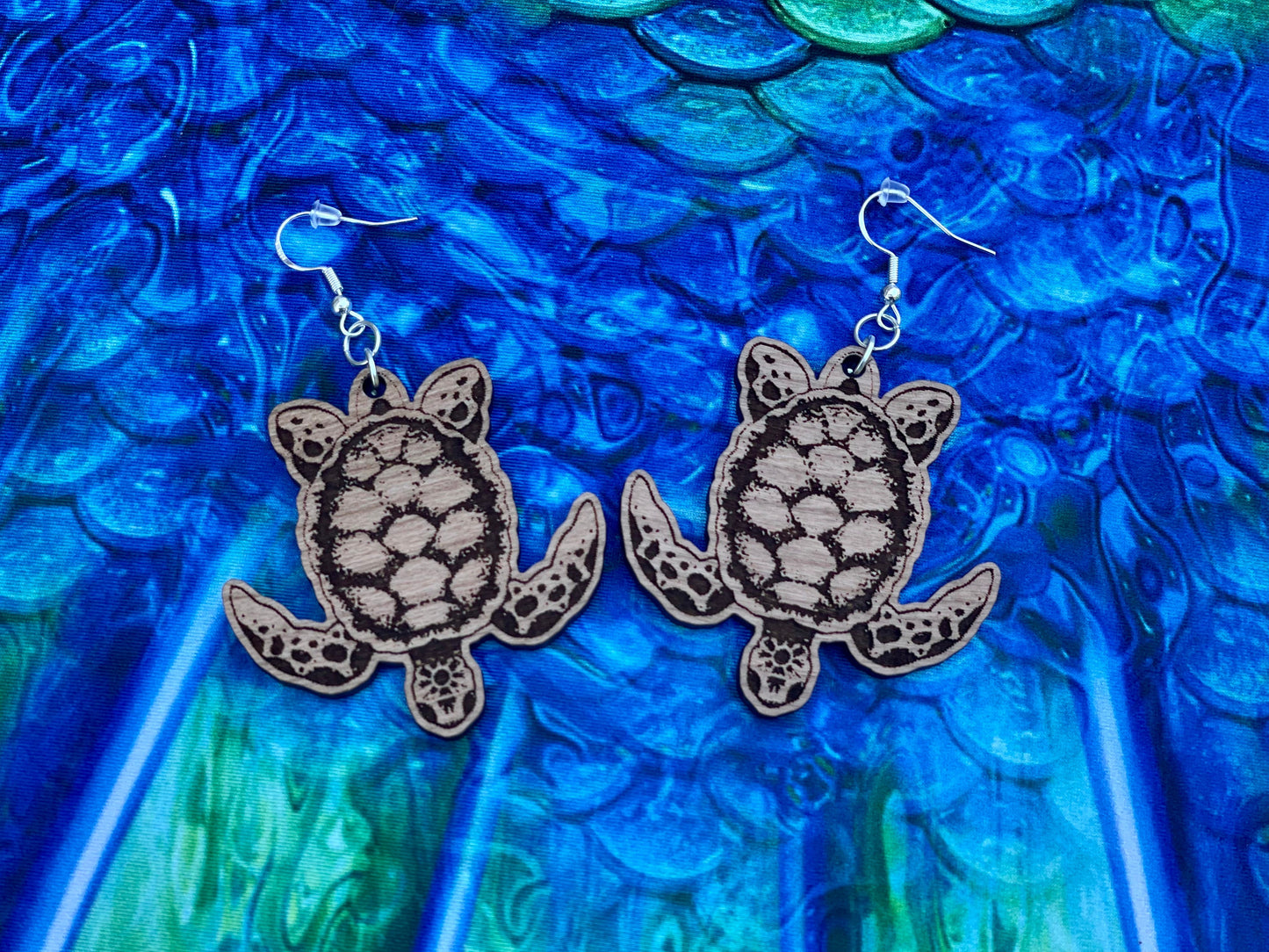 Sea Turtle Engraved Wooden Earrings | Lightweight, Hypoallergenic, Beach Vacation Gift for Turtle Lovers