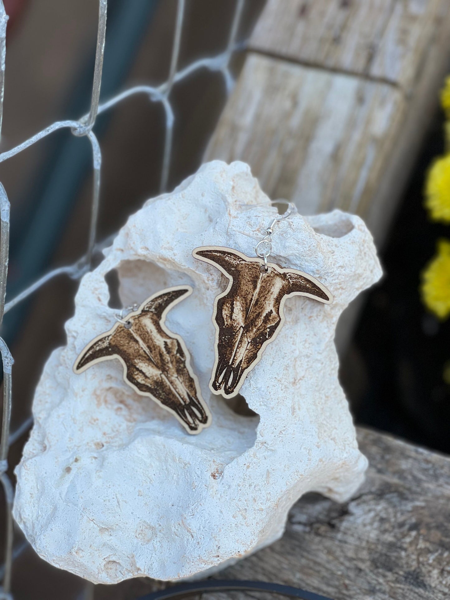 Western Cow Skull Wood Engraved Dangle Earrings | Rustic Country 'Howdy Y'all Style