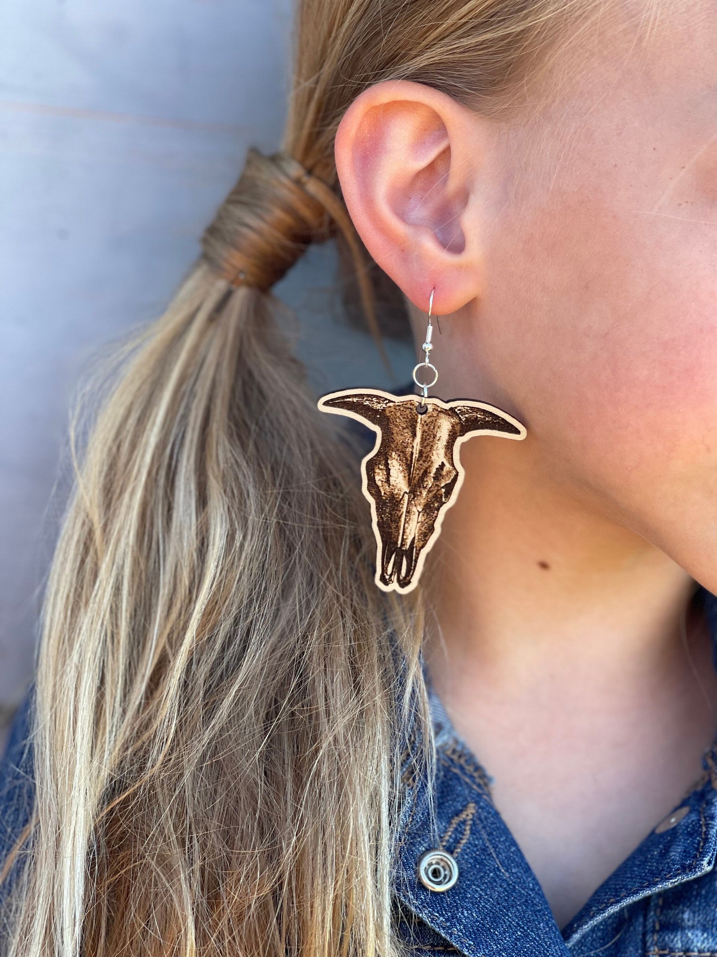 Western Cow Skull Wood Engraved Dangle Earrings | Rustic Country 'Howdy Y'all Style