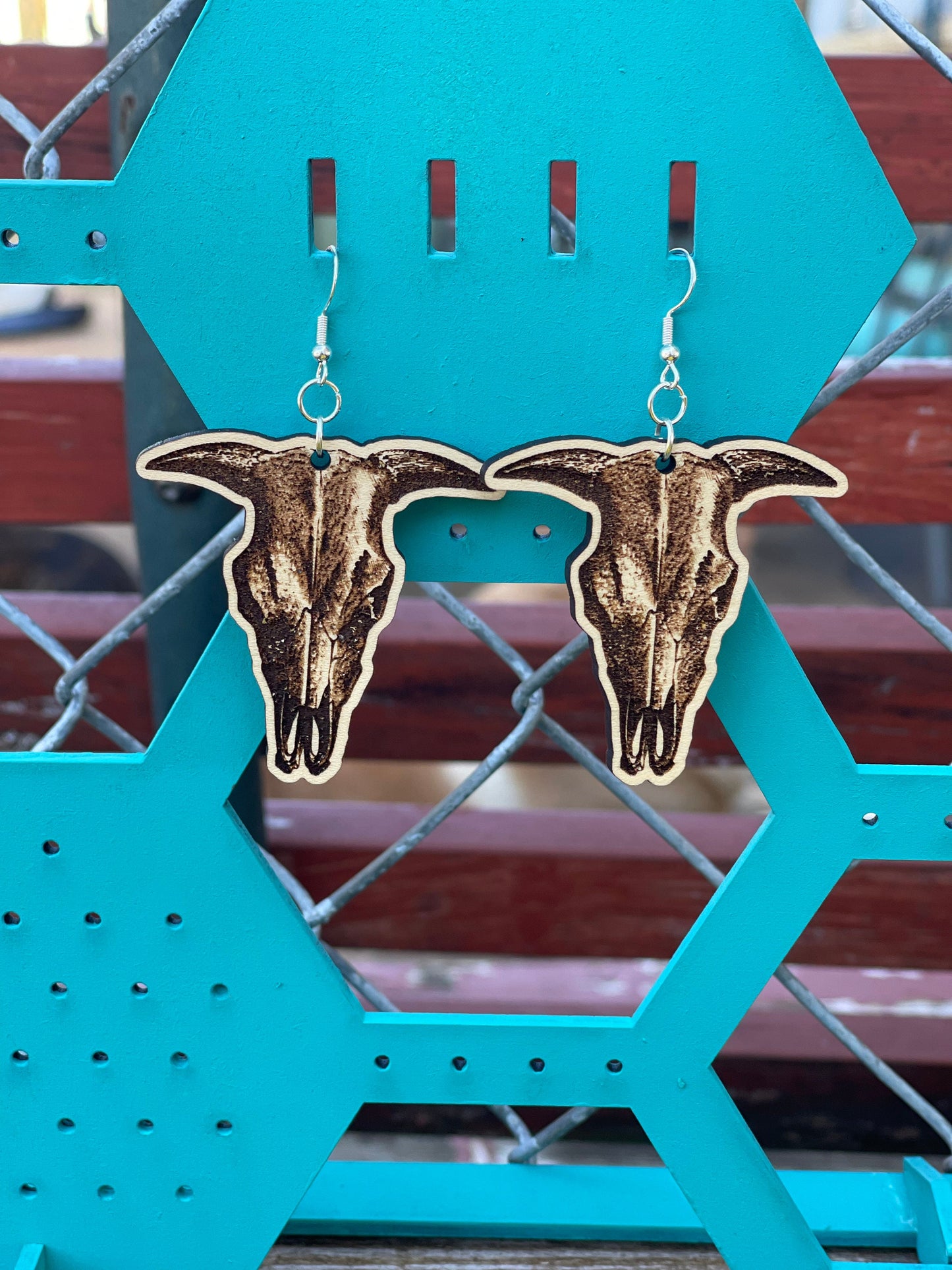 Western Cow Skull Wood Engraved Dangle Earrings | Rustic Country 'Howdy Y'all Style